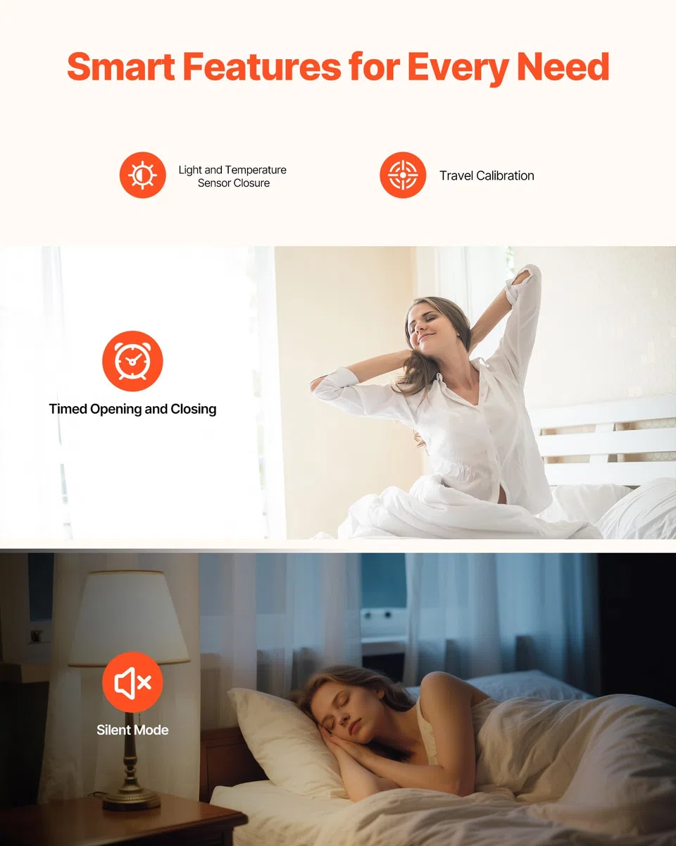 VEVOR Apri Tenda Automatico, Confezione da 2 pezzi APP Telecomando Controllo Vocale, Apri Tenda Compatibile con Alexa e Google Home, per Tende a Pacchetto con Guide a U/I