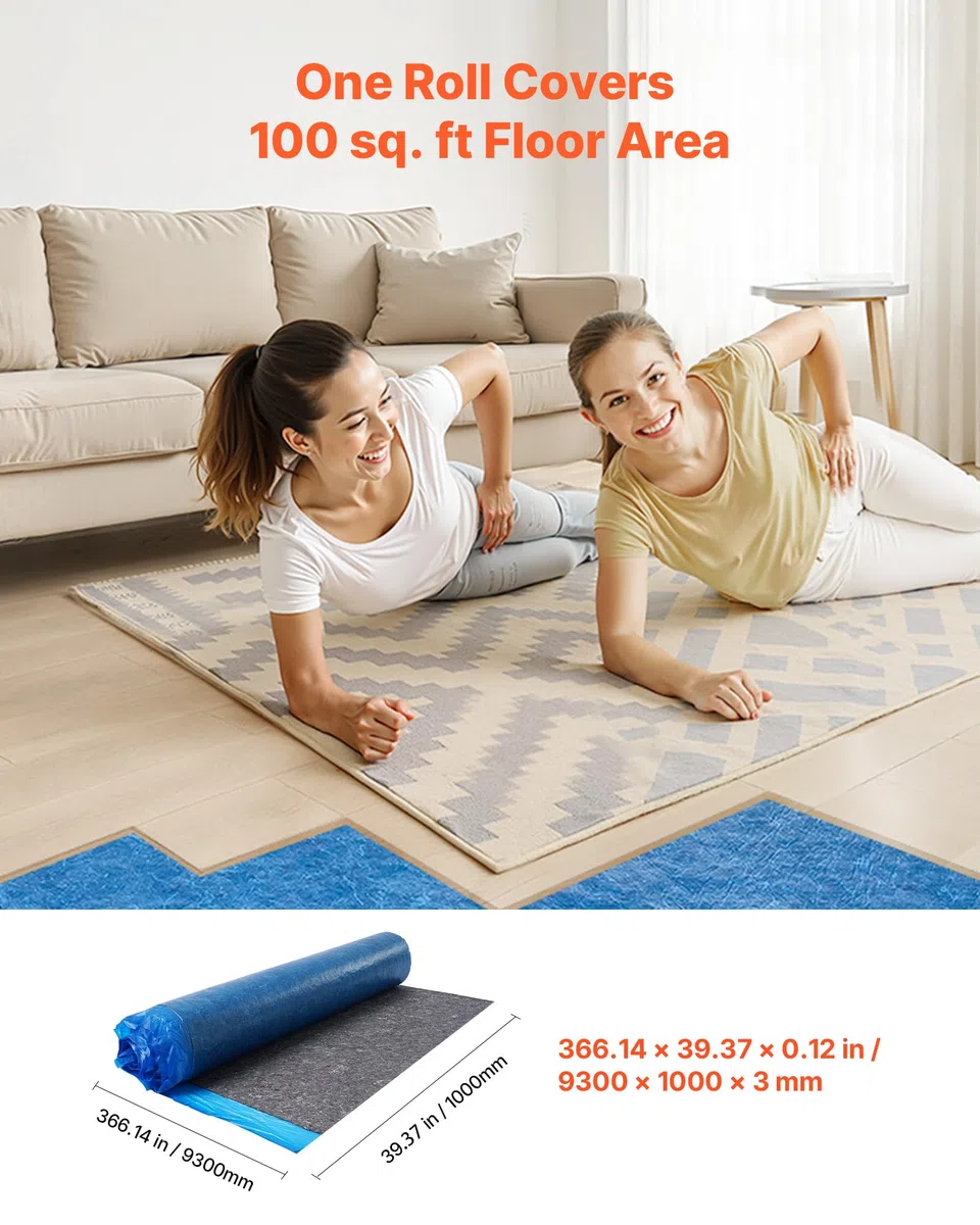 VEVOR Sottopavimento 9,3 m² Un Rotolo, Imbottitura per Pavimenti in Laminato con Barriera al Vapore Integrata, Fibra ad Alta Resistenza e Pellicola in PE, Isolamento Acustico, per Laminato Legno