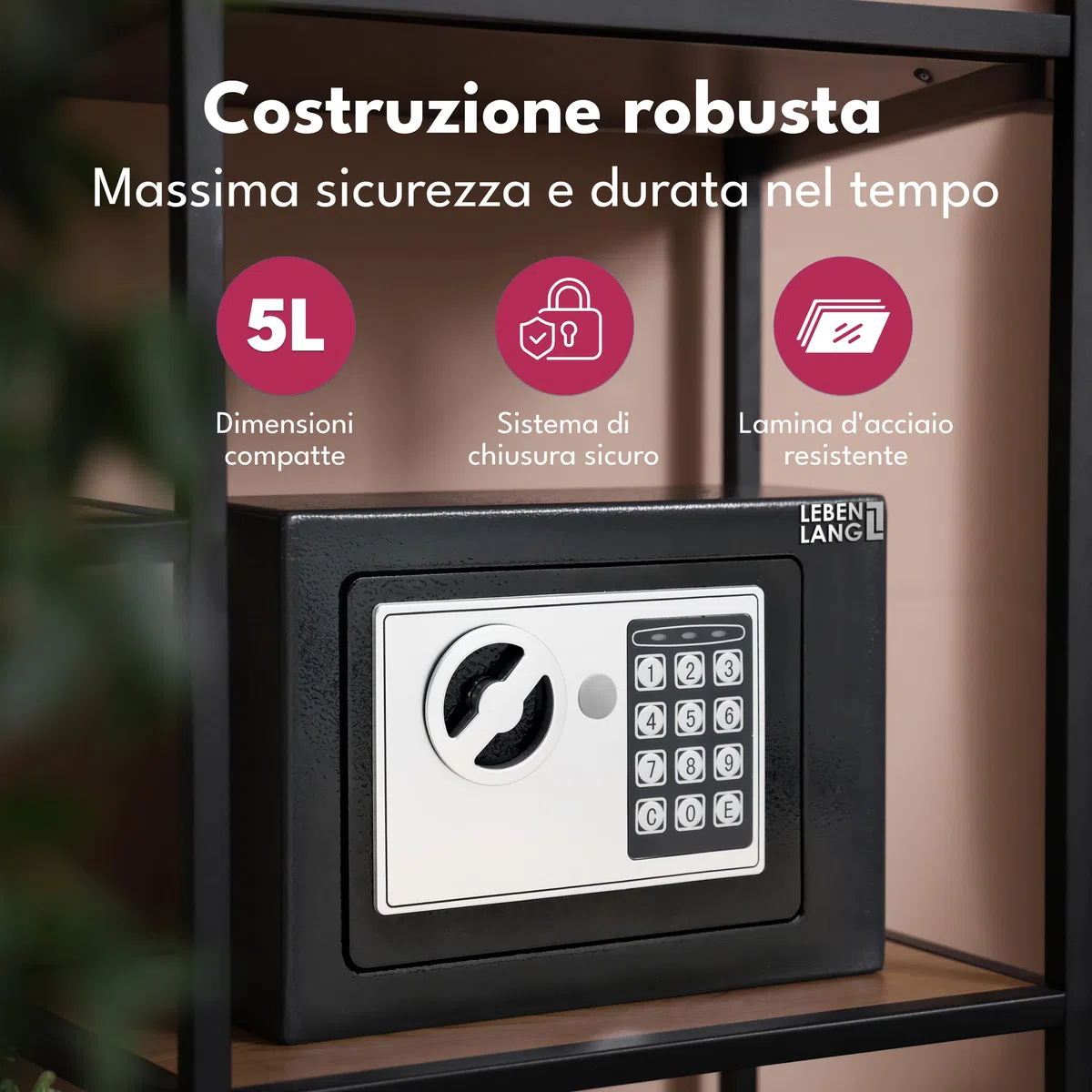 LEBENLANG 5L Cassaforte a muro - Incl. custodia per documenti ignifughi & chiave di emergenza I Armadio cassaforte per mobili con serratura a combinazione I Cassaforte da armadio piccola Mini safe