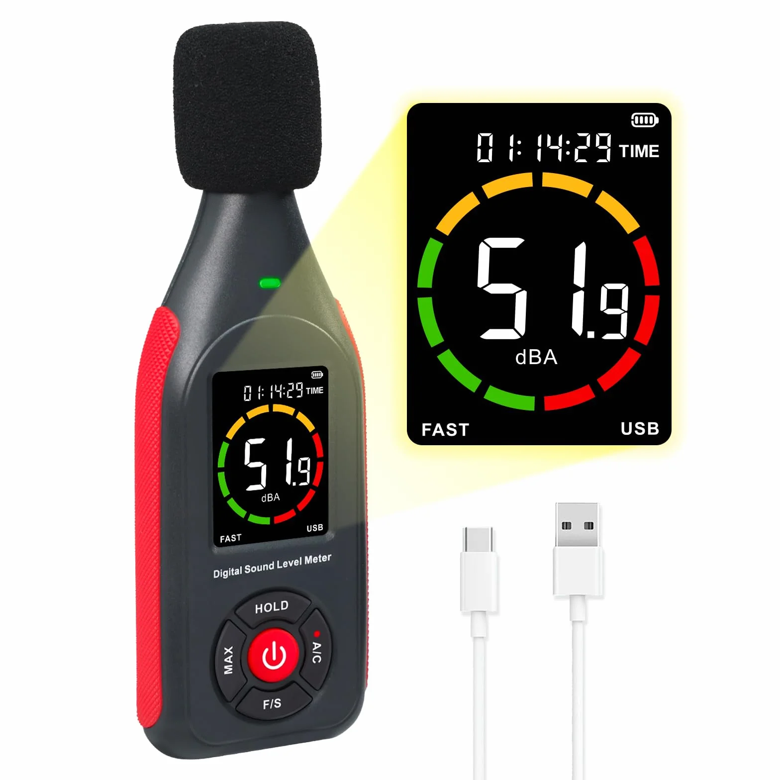 Misuratore di Decibel Misuratore di Livello Sonoro Rilevatore di Lettura da 30dB a 130dB MAX Data Hold, Misuratore di dB SPL con Allarme, Registrazione Dati e Funzione Ricaricabile