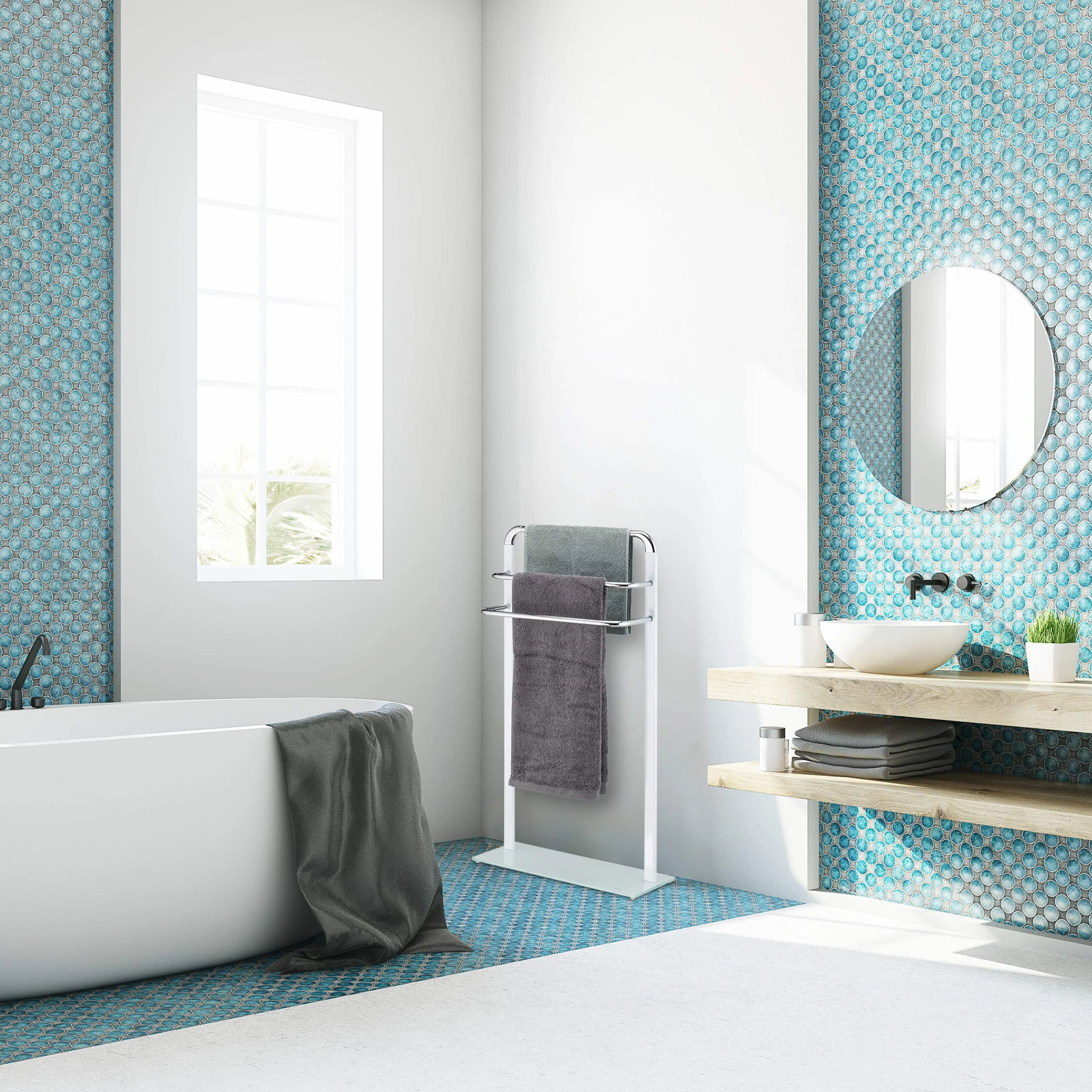 Relaxdays Asciugamani da Terra, Porta Salviette in Metallo Cromato, Piantana da Bagno a 3 Bracci, Bianco/Argento, HxLxP: 80x45x20 cm