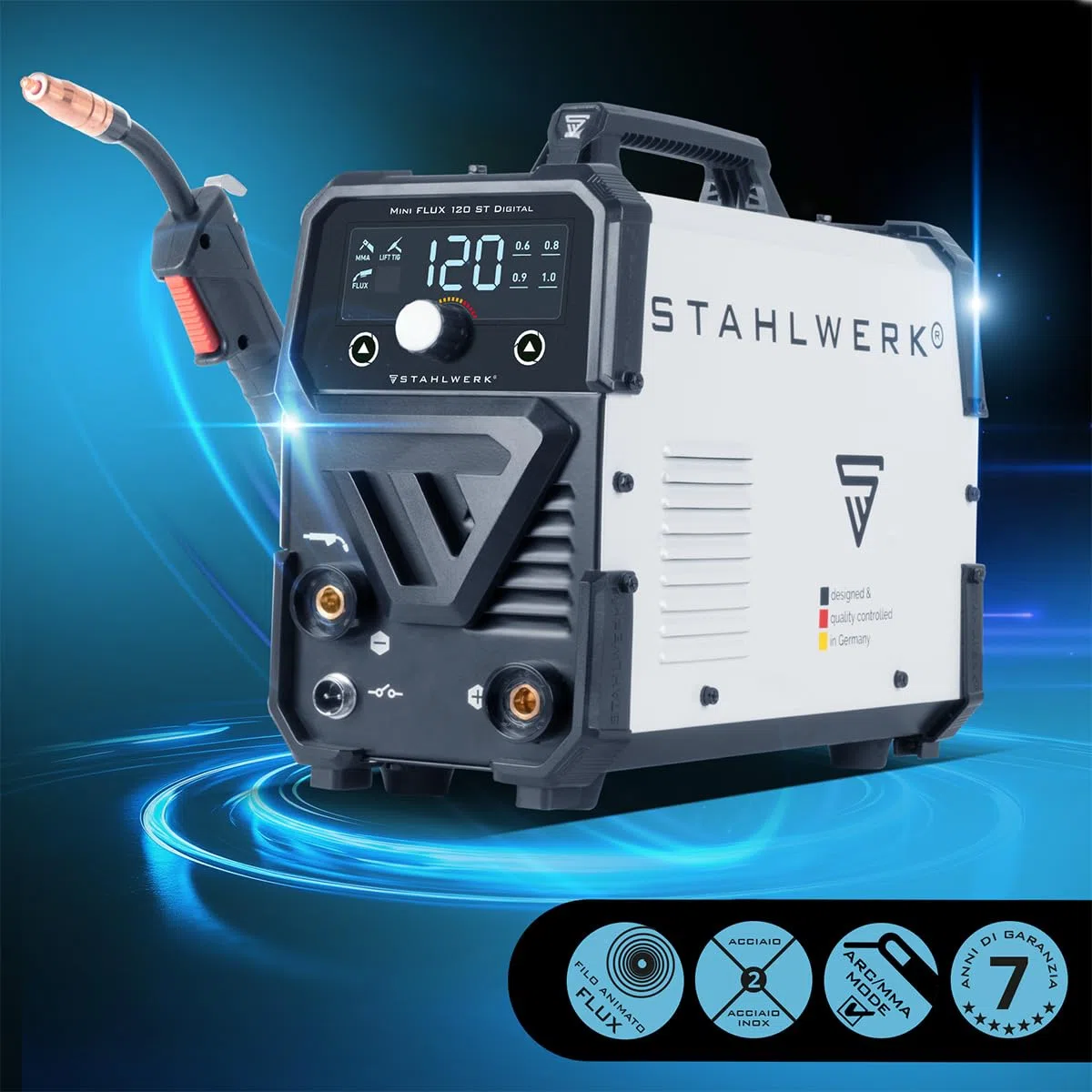 STAHLWERK Saldatrice Mini FLUX 120 ST Digitale – Saldatura a filo animato (FLUX) senza gas fino a 120 A, compatta, avanzamento sinergico e luce LED, Lift-TIG e MMA
