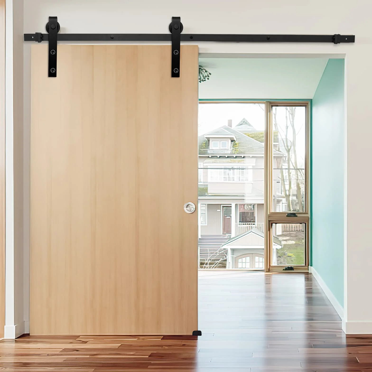Set di accessori per porta scorrevole in legno, con ruote e guide scorrevoli, accessori in acciaio al carbonio nero, 200 cm