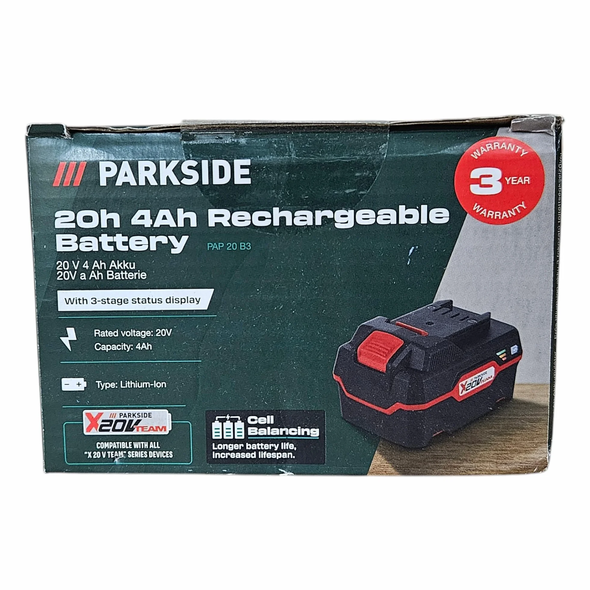 Batteria da 20 V Capacità 4 AH Parkside per apparecchi serie X20VTeam PAP20A3, grande capacità, originale, solo per X20 Vteam