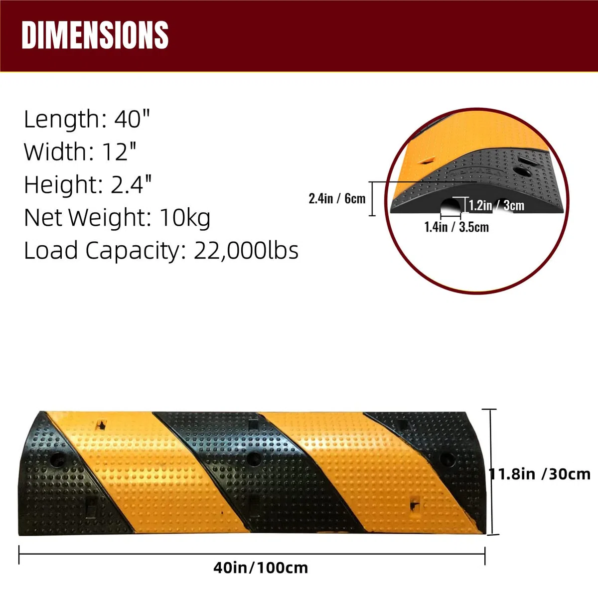 Nisorpa Gobbe di velocità in gomma da 101,6 cm con 4 bulloni Protezione per cavo vialetto a 2 canali Rampa Modulare Speed Bump per vialetto Parcheggio Garage Capacità di carico 100 kg, 100 × 30 × 6 cm