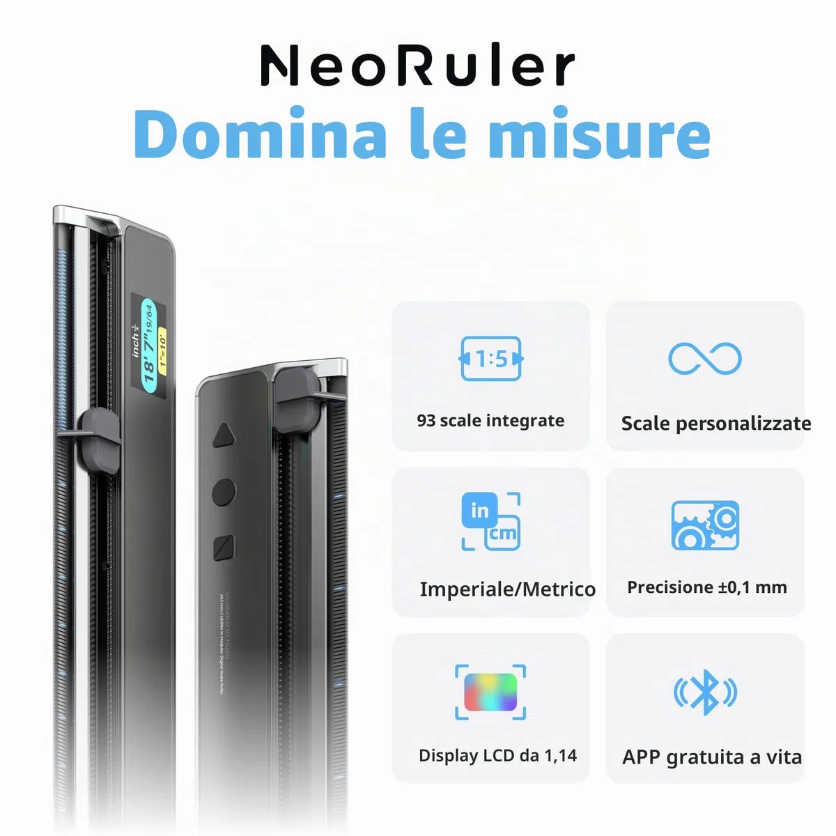 HOZO NeoRuler Righello Digitale, 30,5 cm, Righello Intelligente con Scale Personalizzabili Infinite e Precisione di ± 0,4 mm, 93 Scale Imperiali e Metriche Incorporate