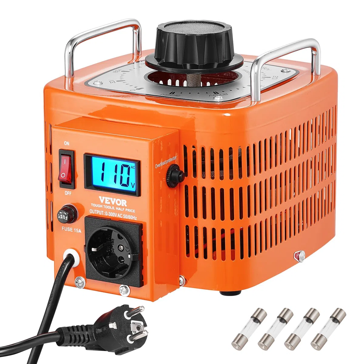 VEVOR Trasformatore di Tensione 3000VA, 10A, Ingresso 230V, Uscita 0-300V, Regolatore di Tensione AC LCD 4 Fusibili, Interruttore di Controllo Termico per Ufficio Industriale Domestico