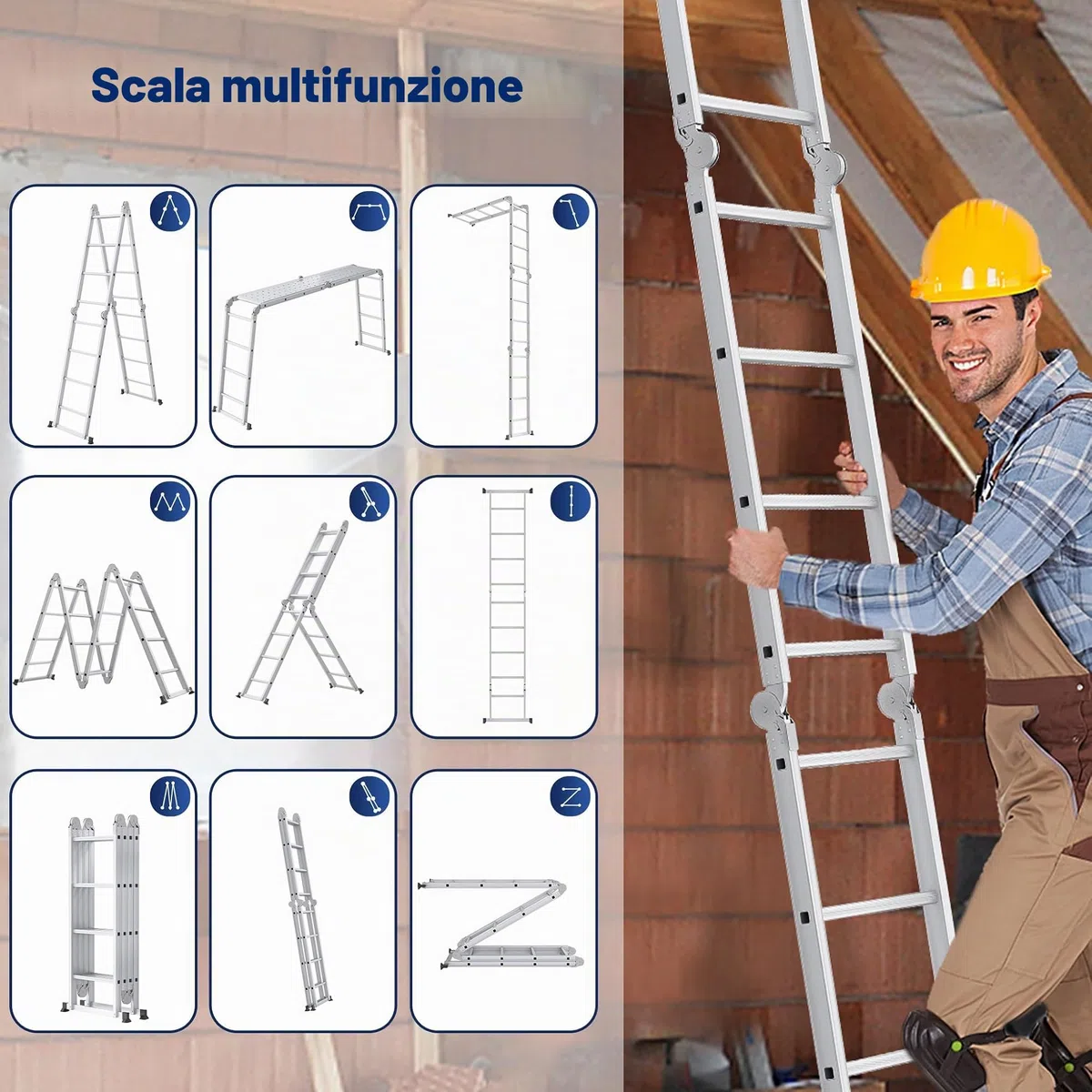 Froadp Scala multiuso 6 in 1, 3,4 m, pieghevole, multiuso in alluminio, con 2 ruote e piattaforma, multifunzione, portata fino a 150 kg