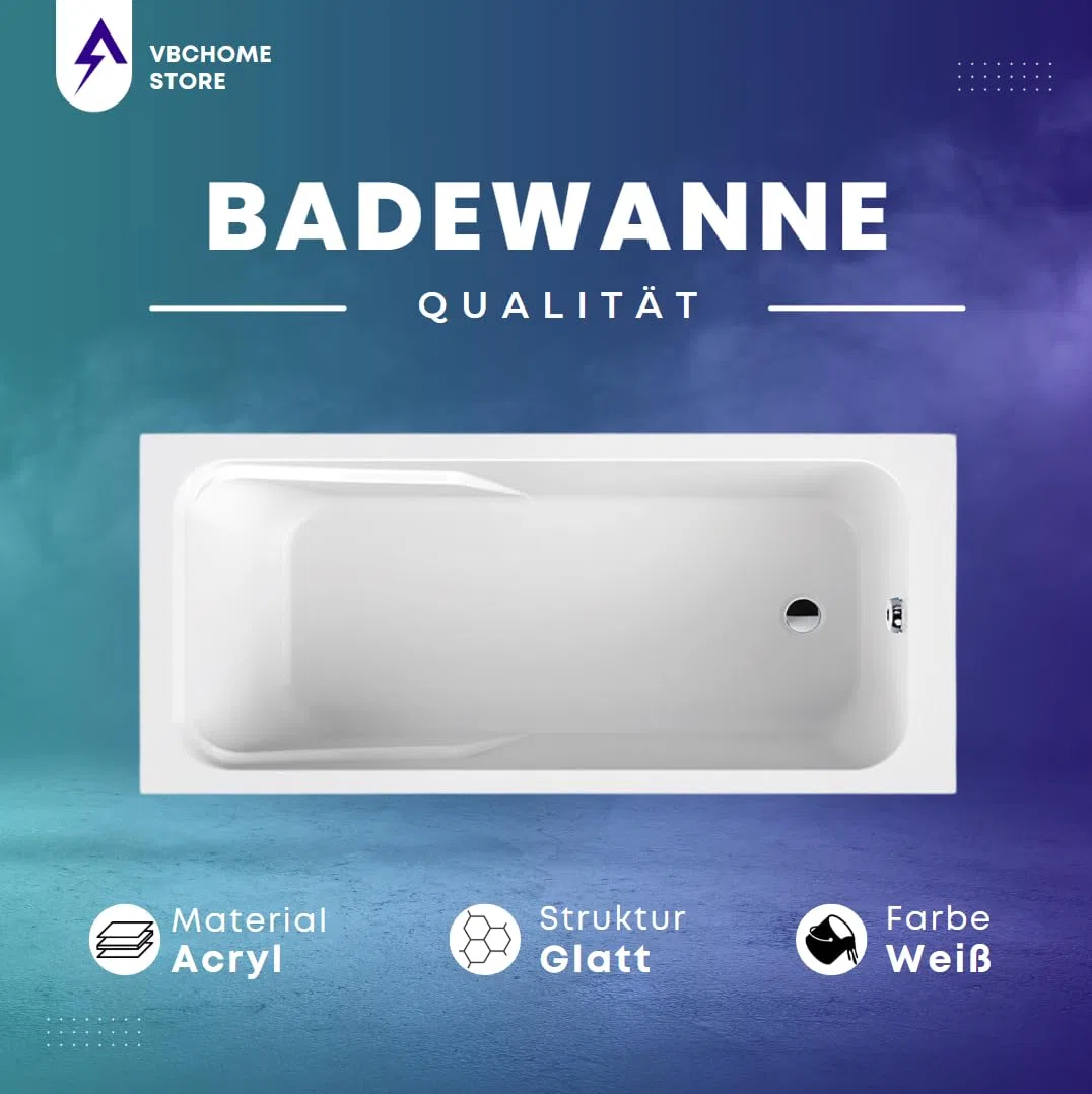 VBChome Vasca da bagno 180 x 80 cm Bianco in acrilico Piedini vasca Sifone Vasca Design rettangolare Moderno Scarico in cromo