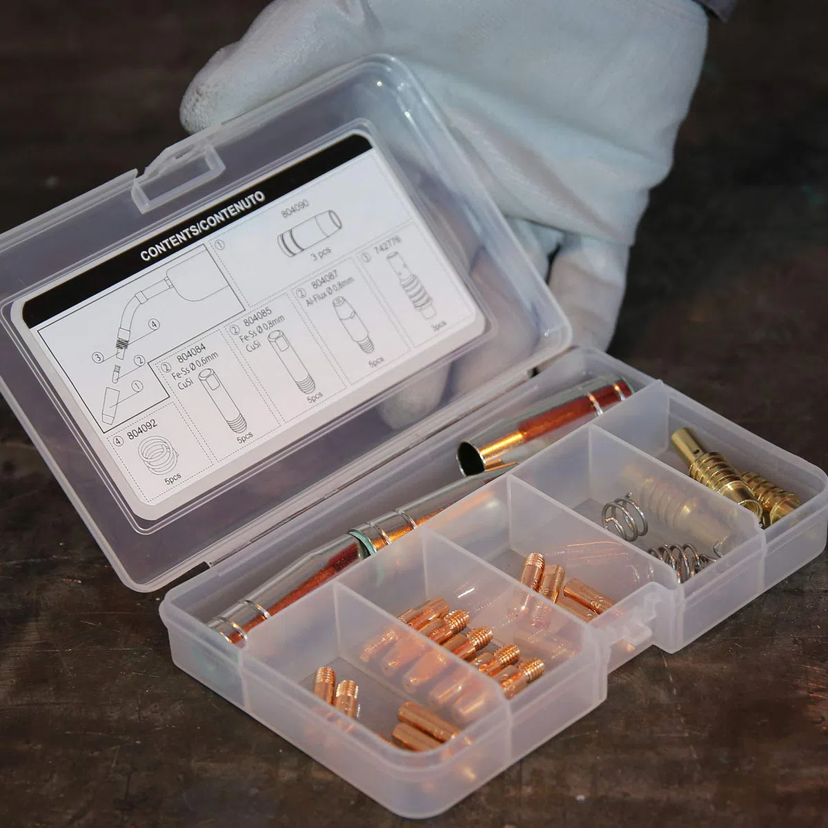 Telwin Box Consumabili per Torcia MIG MT15, Kit Consumabili Saldatura MIG/MAG con Ugelli, Tubetti di Contatto e Diffusori Gas in scomparti per Torcia a filo Telwin MT15