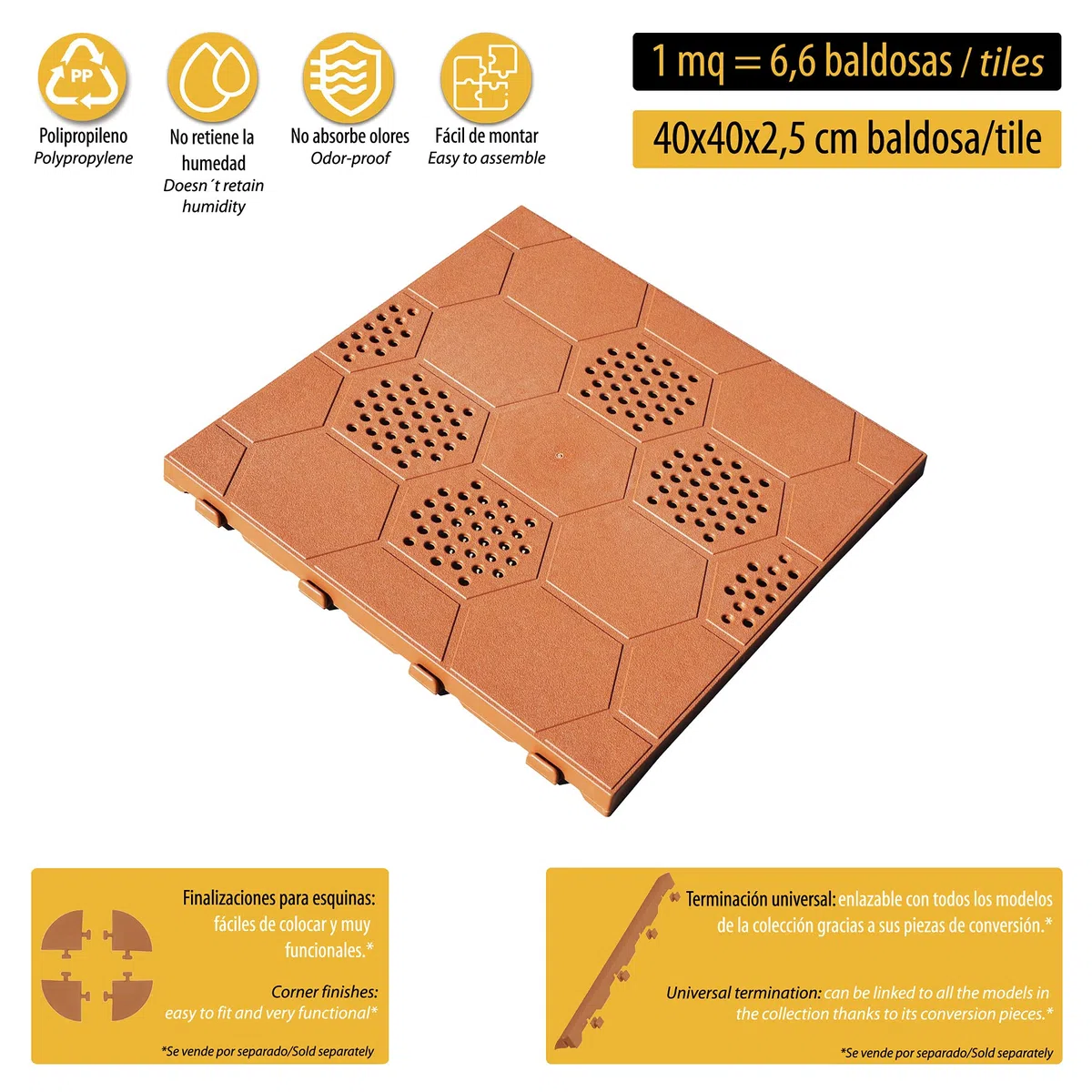 Confezione da 6 piastrelle di plastica per pavimento esterno di 39x39x2,5 cm. Superficie totale 0.9m². Collezione facile - Terracota
