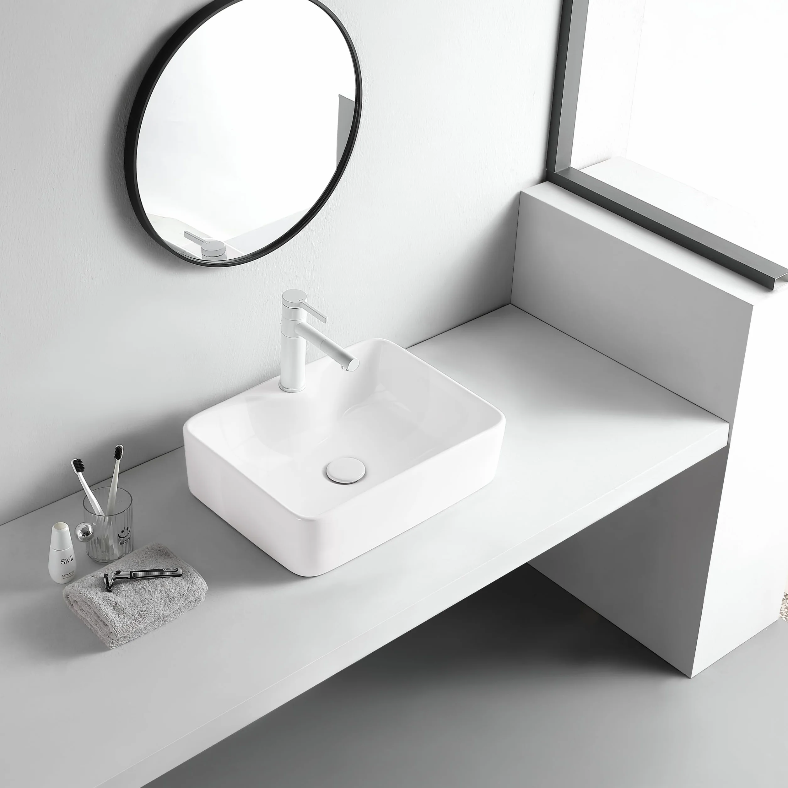 AQUAUNO - Lavabo da Appoggio KAIA 49 x 38 cm, Rettangolare, in Ceramica Bianca con Foro per Rubinetto senza Troppopieno