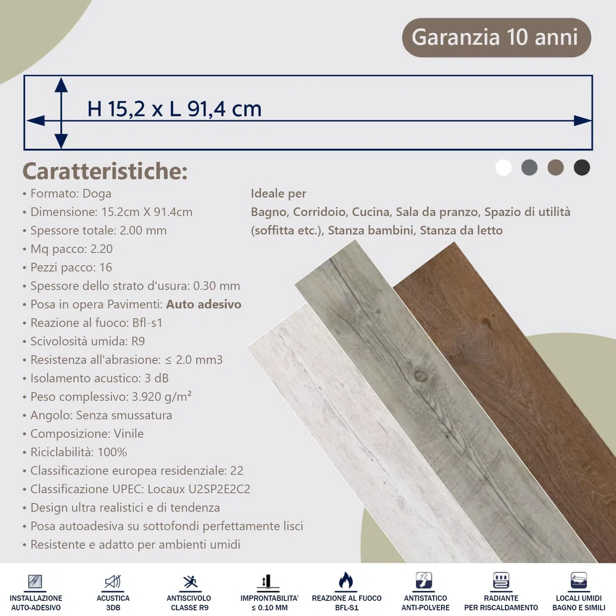 MASTERBRICO Pavimento PVC Adesivo Effetto Legno - Listoni 15,2 x 91,4 cm - Spessore 2.0 mm, Finto Parquet Laminato per Interni - Impermeabile, Facile da Installare - Confezione 2.20mq