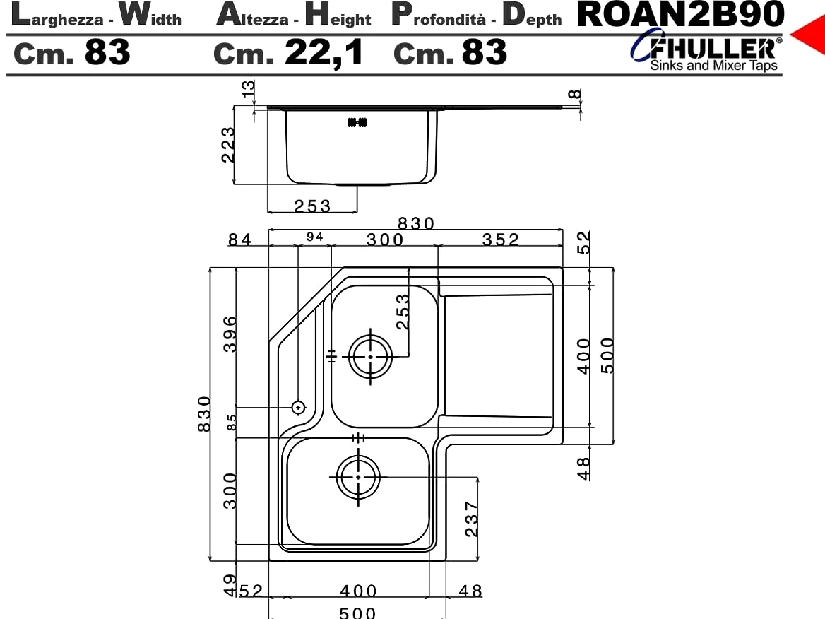 Lavello da Cucina Angolare FHULLER ROAN2B90, 83x83 cm, 2 Vasche, Acciaio Inox con Gocciolatoio