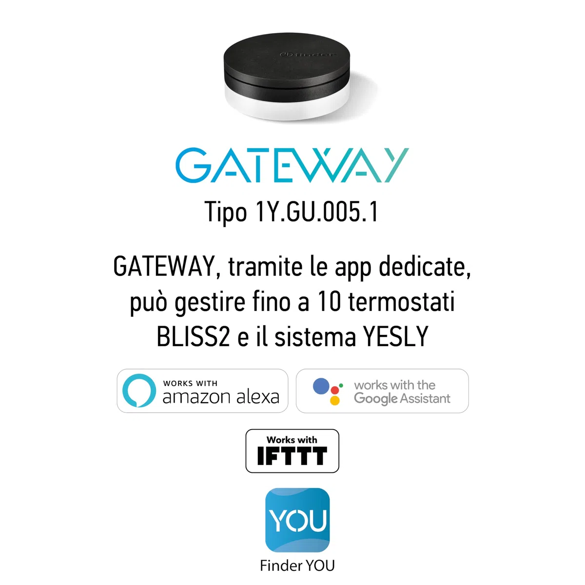 Finder Gateway esterno USB Tipo 1Y.GU. Per comandare da remoto il tuo impianto YESLY e i tuoi dispositivi BLISS2 ovunque ti trovi nel mondo. Controllabile con App Finder YOU e Assistenti Vocali
