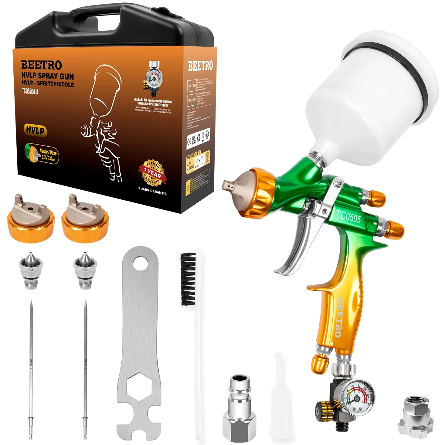 BEETRO HVLP Pistola a Spruzzo ad Aria Compressa Professionale, Ugello da 280-320 mm con Ugello Largo da 1,3/1,4 mm, Capacità di 600 ml, 14 CFM, 29-32 psi