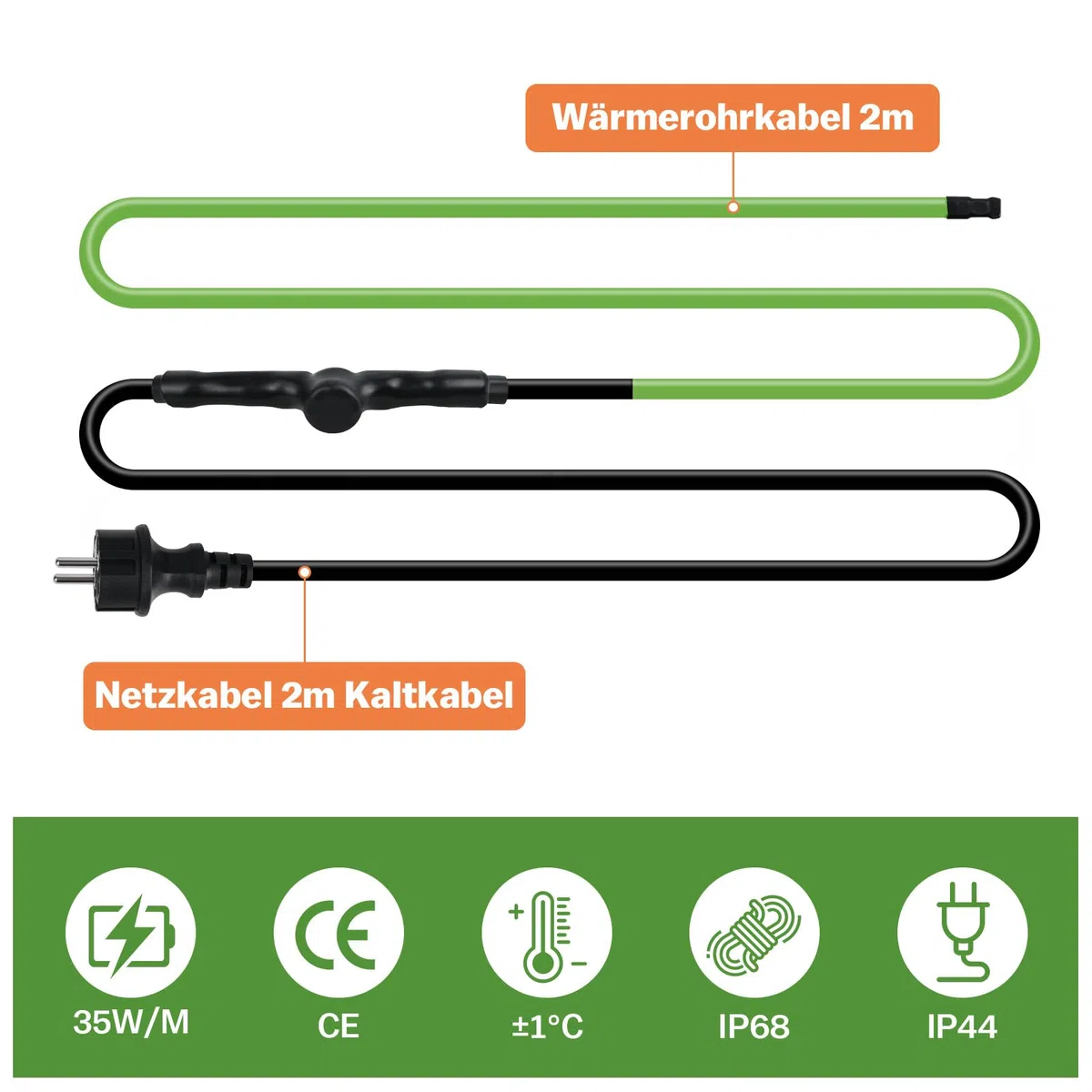 Cavo riscaldante autoregolante, 2 m, antigelo con termostato integrato per la protezione dei tubi dell'acqua, ideale per piante, impermeabile con spina di protezione 35 W/m, 230 V, IP68