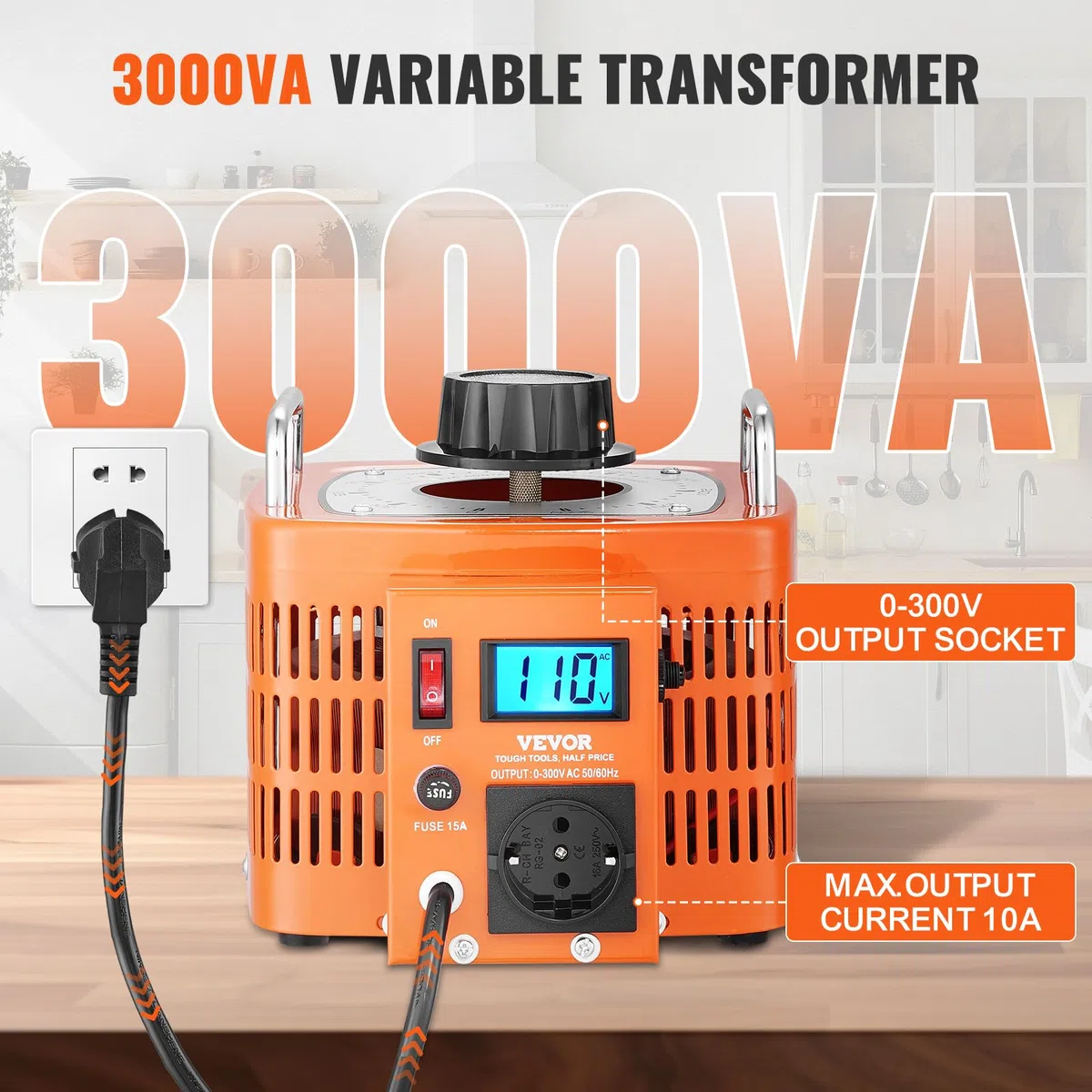 VEVOR Trasformatore di Tensione 3000VA, 10A, Ingresso 230V, Uscita 0-300V, Regolatore di Tensione AC LCD 4 Fusibili, Interruttore di Controllo Termico per Ufficio Industriale Domestico