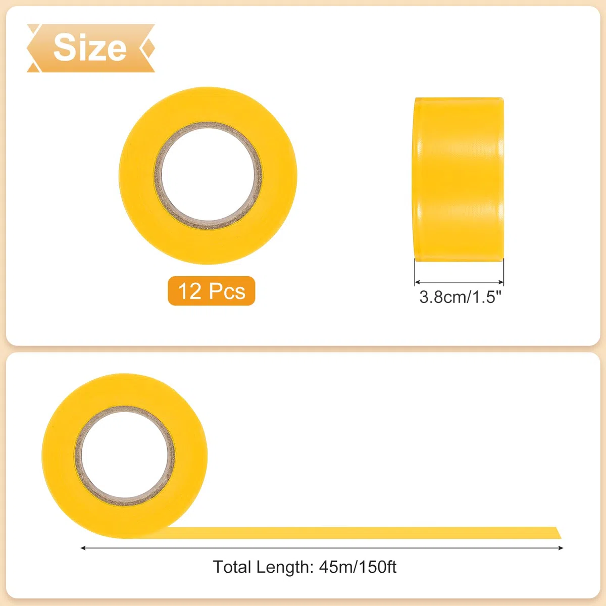 PATIKIL 12 Confezioni Nastro Segnaletico Fluorescente Giallo, 1.5" x 150 Ft Nastro PVC Neon Non Adesivo Rotolo Marcatura Per Segnalazione Alberi, Sentieri