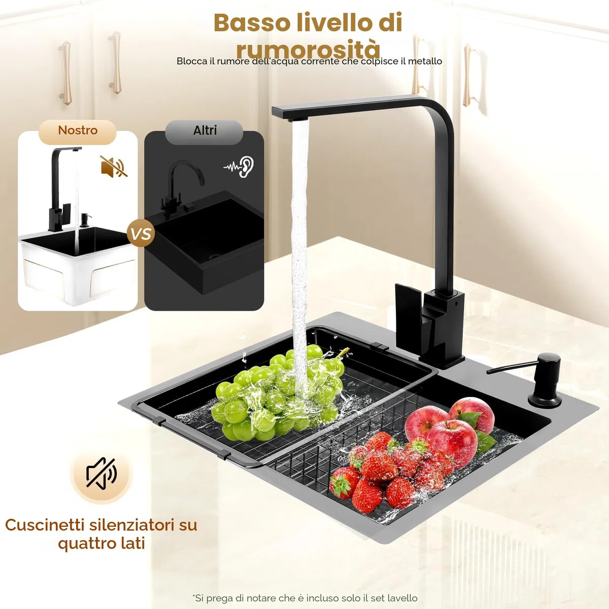 Lavello da cucina, nero, 45 x 40 cm, 1 vasca, in acciaio inox, rettangolare, moderno, con scolapiatti, rubinetto, dispenser di sapone
