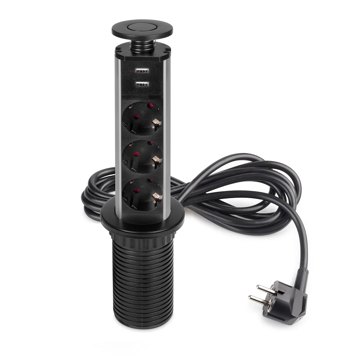 Emuca - Blocco multipresa a scomparsa con 3 prese schEUo EU e 2 porte USB, torretta multipresa a scomparsa per piano lavoro di cucina o scrivania, Verniciato nero, Tecnoplastica e Alluminio