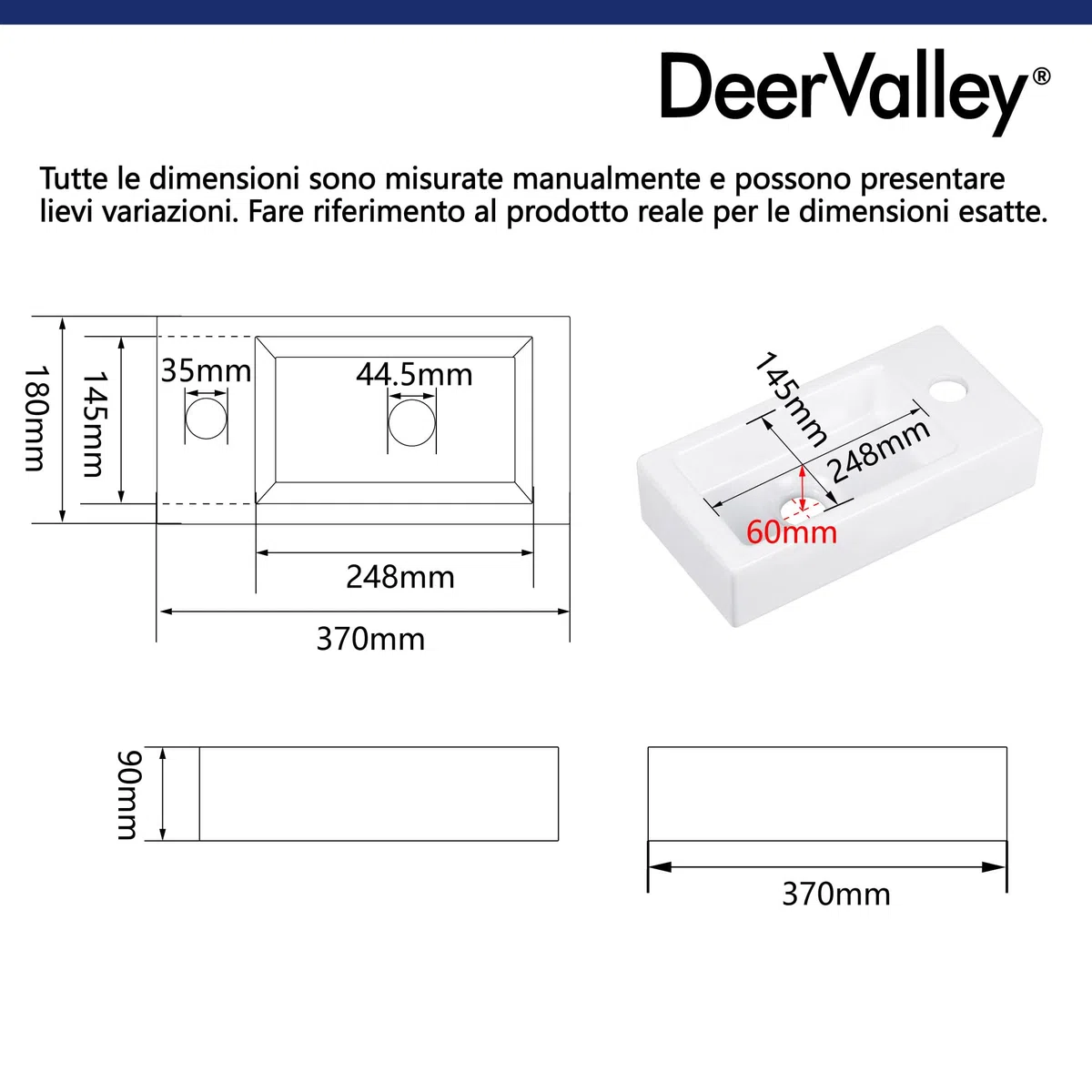 DeerValley - Piccolo lavabo da bagno rettangolare, 38 x 17,8 cm, montaggio a parete, per bagno, toilette, sospeso, design salva-spazio, facile da pulire, in ceramica nera opaca