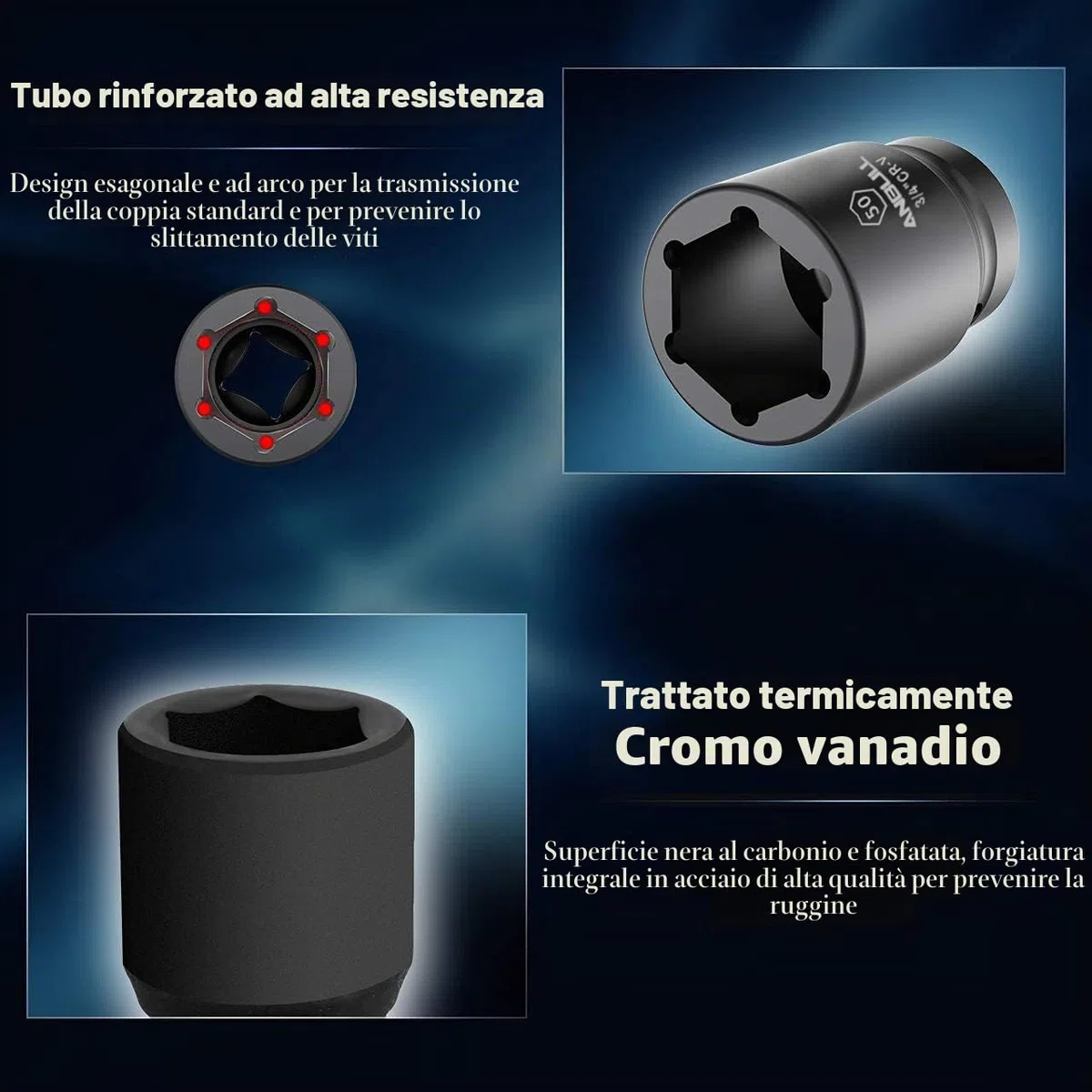 Anbull 21Pcs Set Bussole a Impatto, chiave a bussola 3/4 , 3/4 Pollici Set Chiavi a Bussola a 6 Punte (21-50mm) in acciaio Cr-V, Prese, Metriche