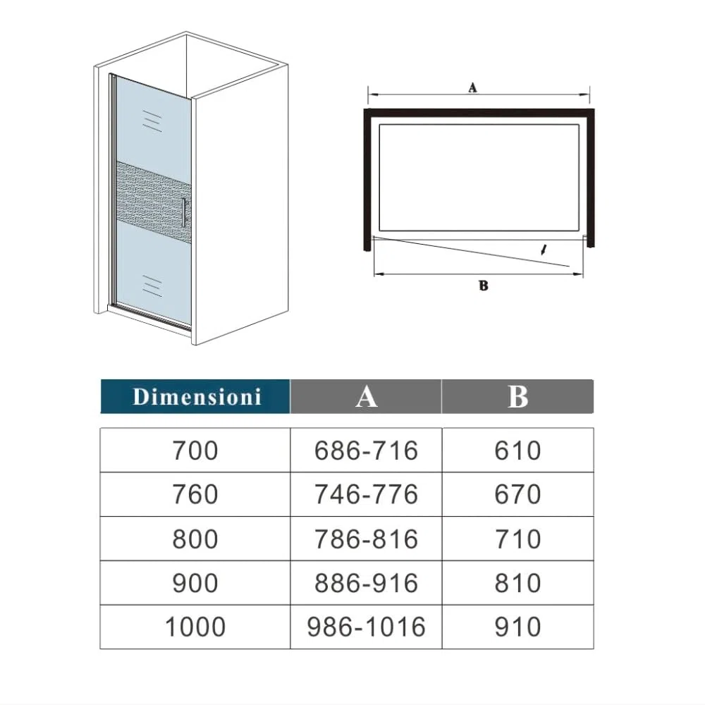 80x185 cm Box Doccia Per Nicchia Porta Battente Vetro Temperato 6mm Semitrasparente Anticalcare Satinato Opaco