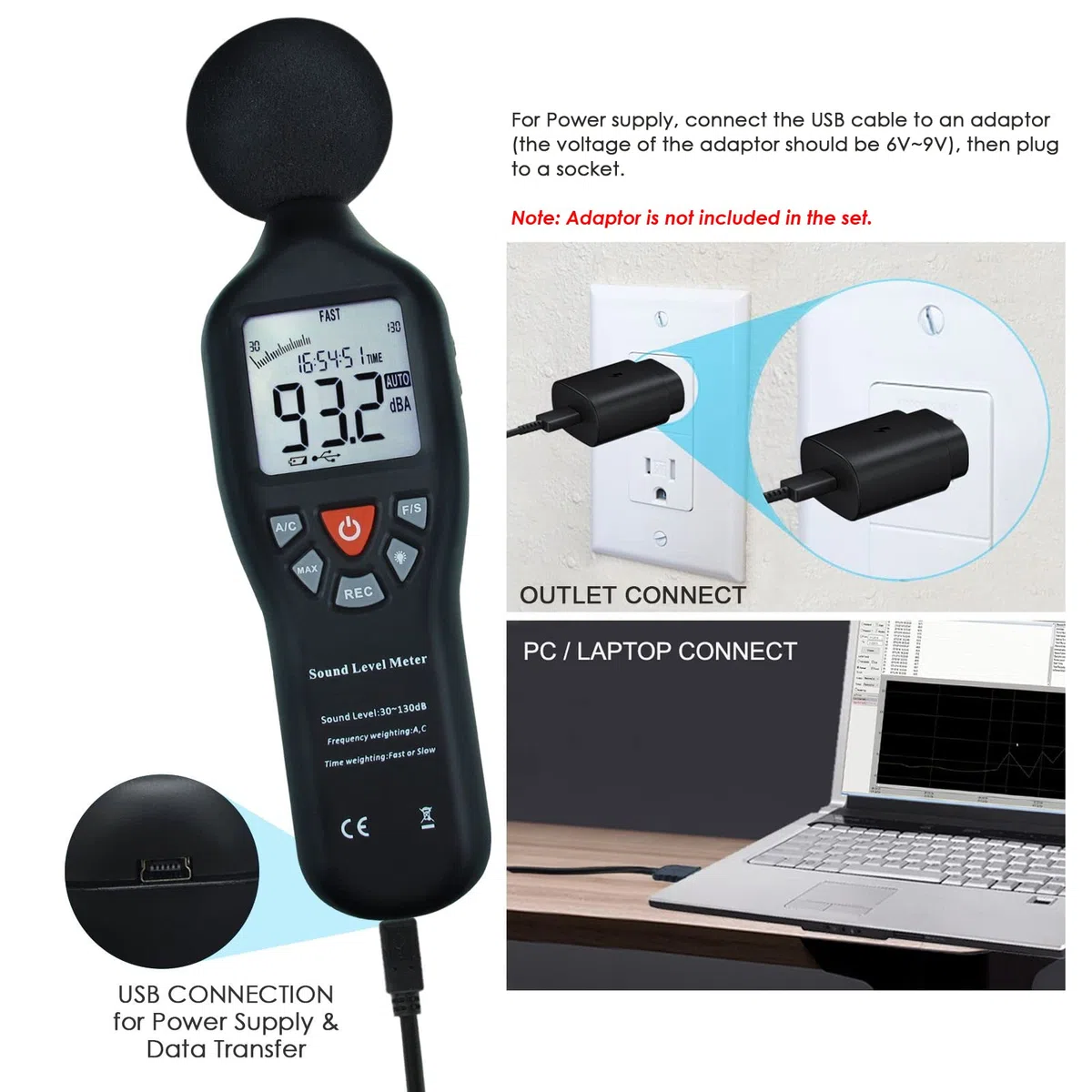 Fonometro professionale con data hold, logger e software CD - Monitor decibel ad alta precisione con retroilluminazione LCD, display MAX/MIN e intervallo di misurazione del rumore audio 30dB~130dB