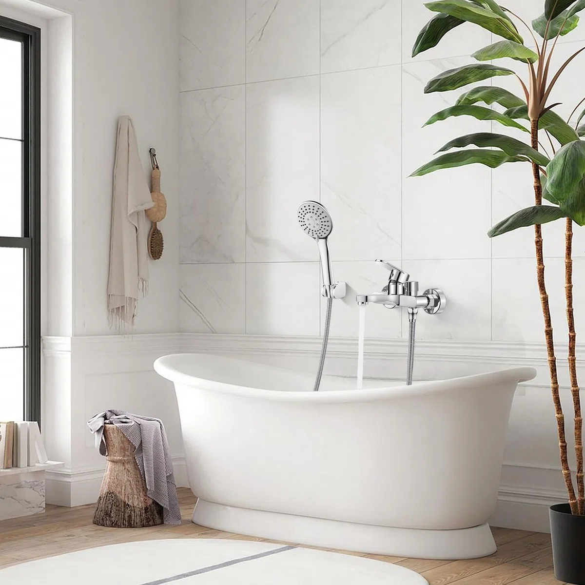 Rubinetto per vasca da bagno con doccetta, miscelatore per vasca da bagno cromato, con soffione doccia a 3 funzioni, in ottone per doccia, montaggio a parete 150 mm