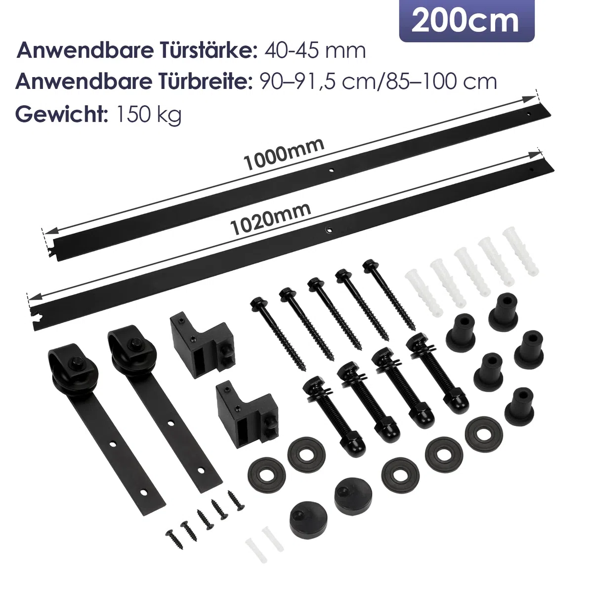 Set di accessori per porta scorrevole in legno, con ruote e guide scorrevoli, accessori in acciaio al carbonio nero, 200 cm