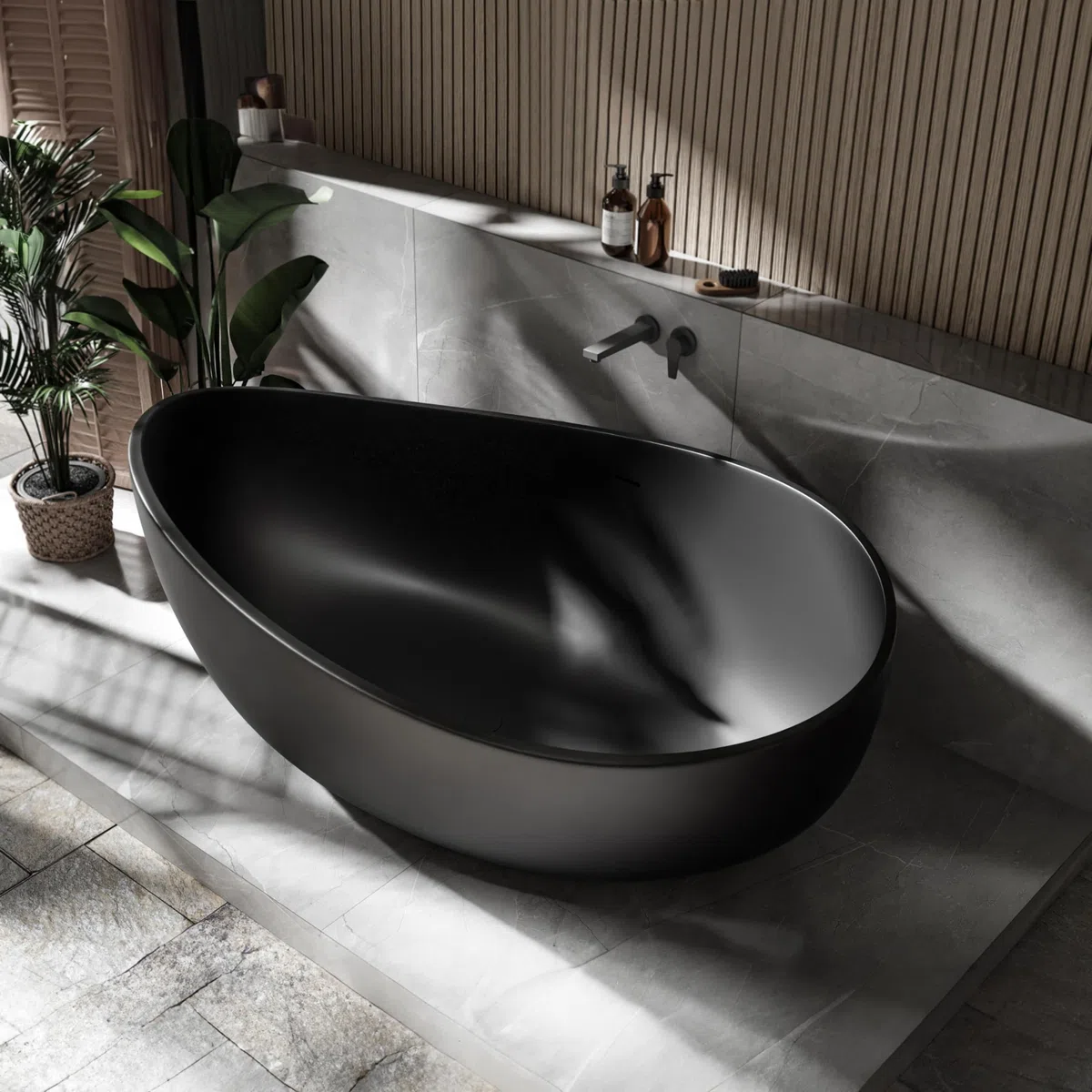Vasca da bagno freestanding in Solid Stone, 'WAVE' nero opaco 180x110cm