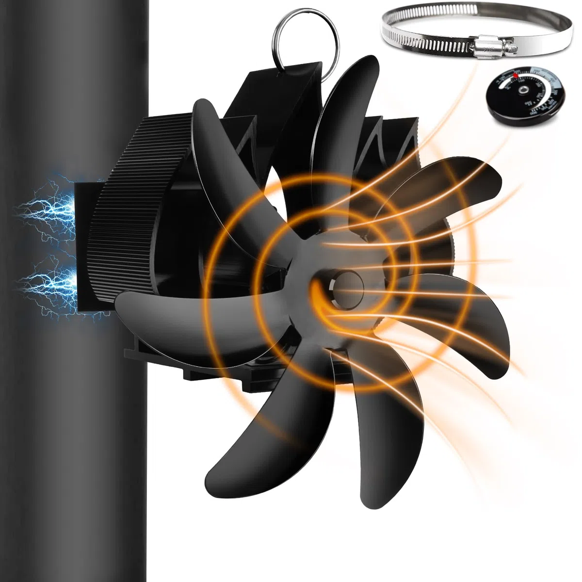 Fwiull Ventola Stufa Legna Magnetico, Ventilatore per Stufa a Legna con 7 Pales con Termometro, Ventilatore Stufa da Tubo, Silenzioso Alimentato Calore, Ecologico Ventola Stufa per Camino/Pellet/Gas