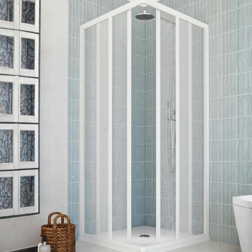 Box Doccia Camelia Telaio PVC Bianco, Pannelli Acrilico 1.5mm Effetto Goccia, Ante Scorrevoli, Apertura Angolare, Chiusura Magnetica, Regolabile, Installazione Facile, Reversibile (70x90 cm)