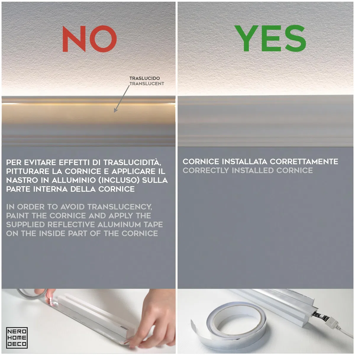 Cornici velette per led a soffitto e parete (4 o 10 metri lineari - KH905), per illuminazione indiretta con le strisce led | decorative, prefabbricate in duropolimero (4 metri)