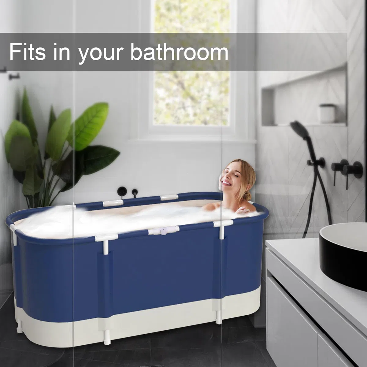 Vasca da bagno portatile, vasca da bagno pieghevole da 115cm, vasca da bagno addensata a 7 strati con supporto in metallo, SPA (Blu e bianco)