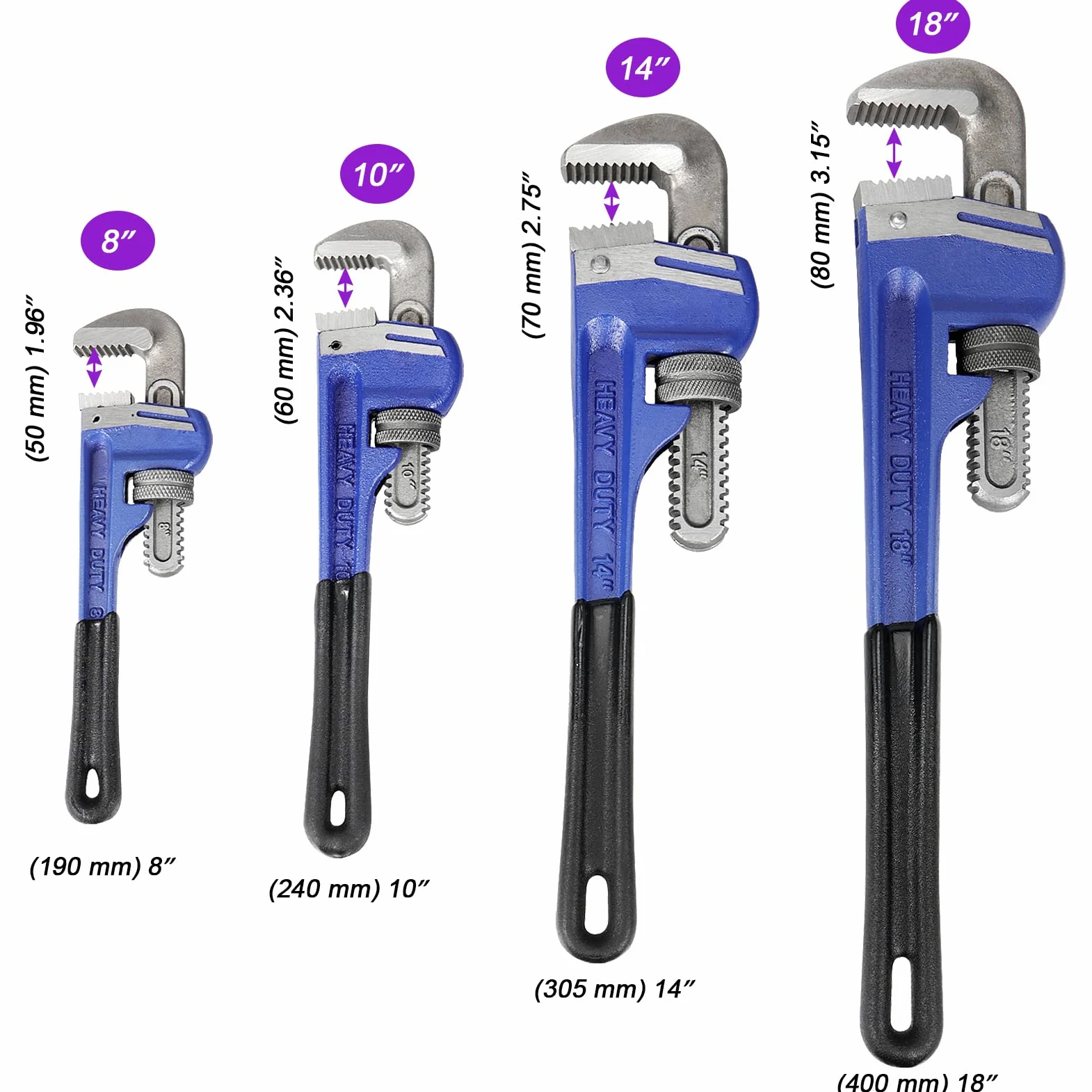 Set di 4 chiavi per tubi, resistenti e trattate termicamente, regolabili da 50, 60, 70, 80 mm, pinza per tubi in ghisa con manico morbido e ganasce regolabili, pinza idraulica