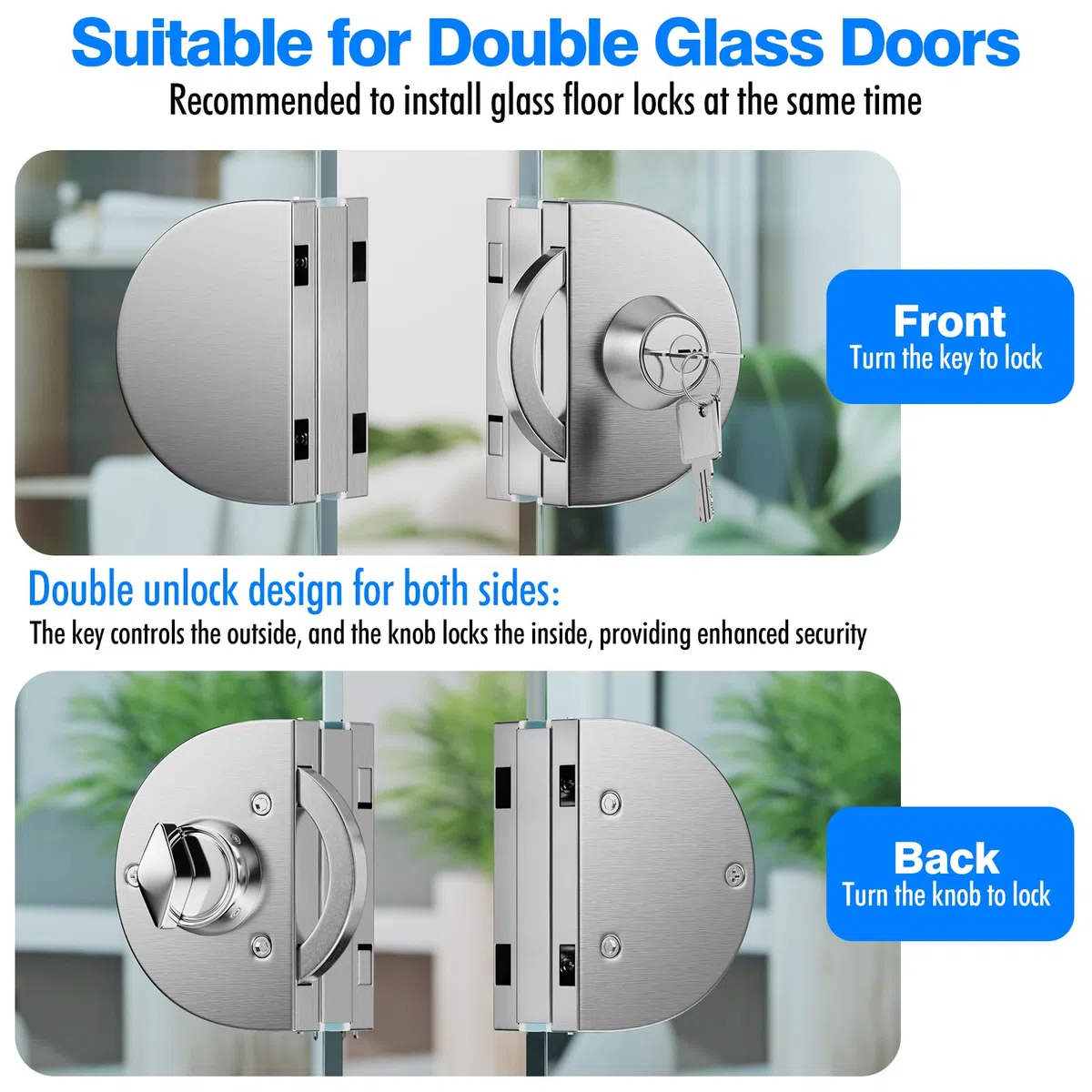 Serratura per porta in vetro senza fori, finitura spazzolata in acciaio inox 304,con chiave e pomello,compatibile con vetro temperato da 10-12 mm,installazione rapida,design moderno anti-effrazione.