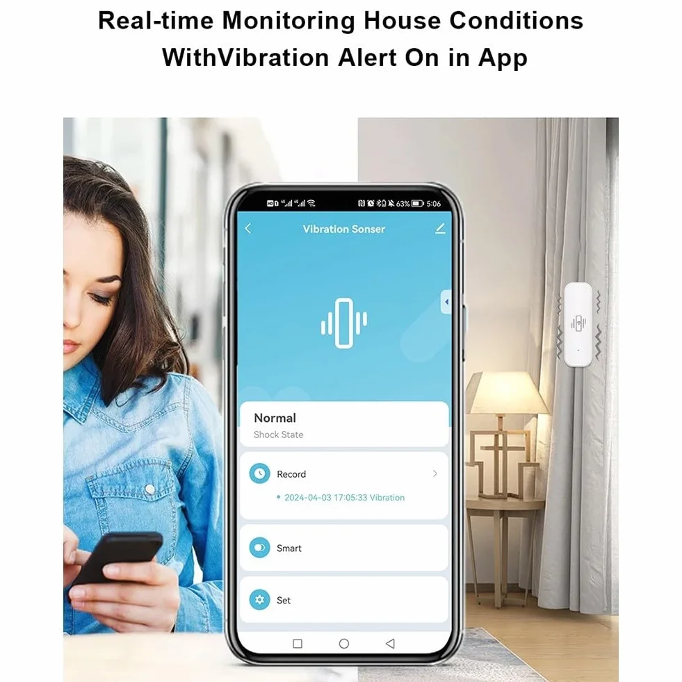 Sensore di vibrazione WiFi, mini rilevatore wireless di rottura del vetro per allarme e automazione domestica intelligente, nessun hub richiesto, compatibile con Tuya/per Smart Life APP (5 pezzi)