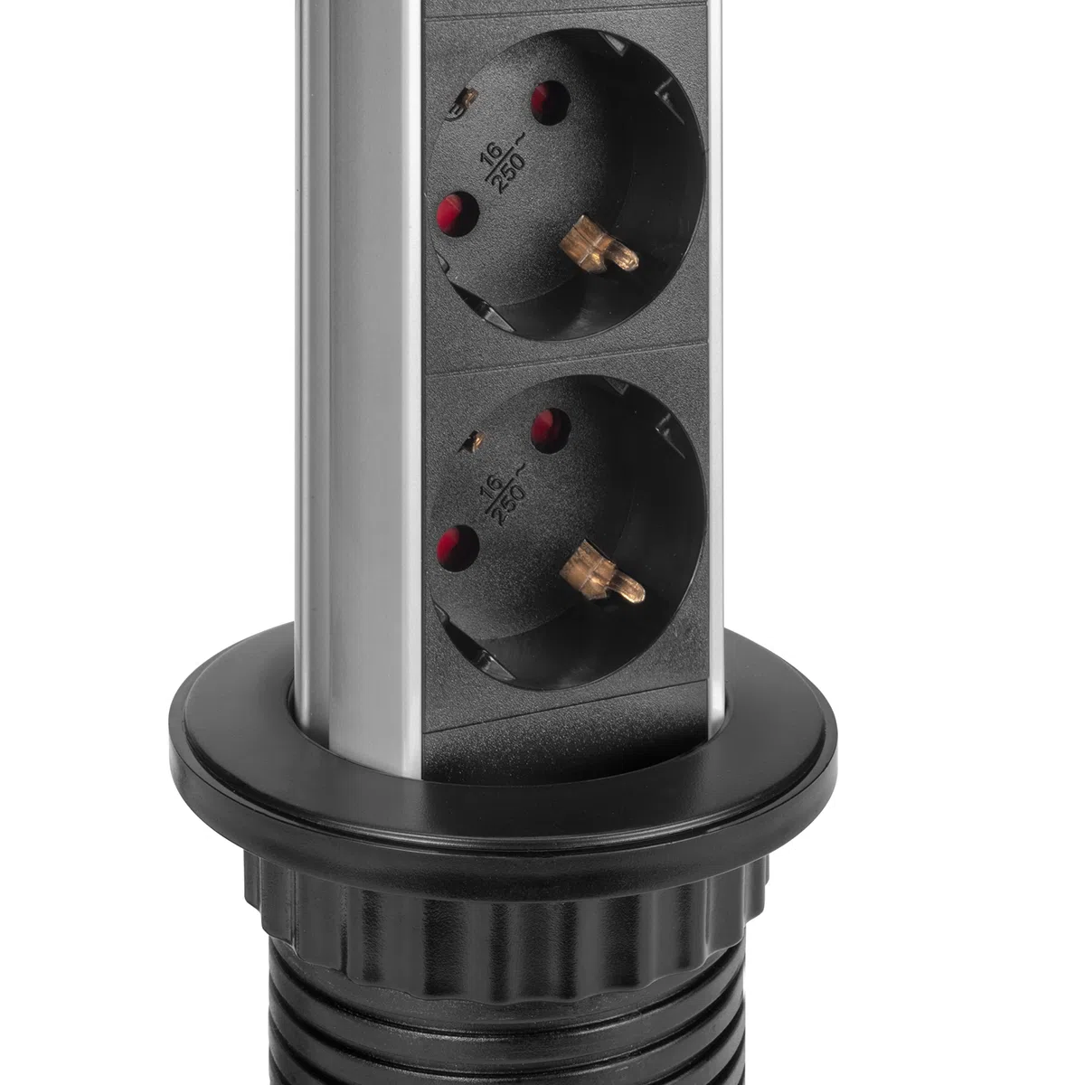 Emuca - Blocco multipresa a scomparsa con 3 prese schEUo EU e 2 porte USB, torretta multipresa a scomparsa per piano lavoro di cucina o scrivania, Verniciato nero, Tecnoplastica e Alluminio