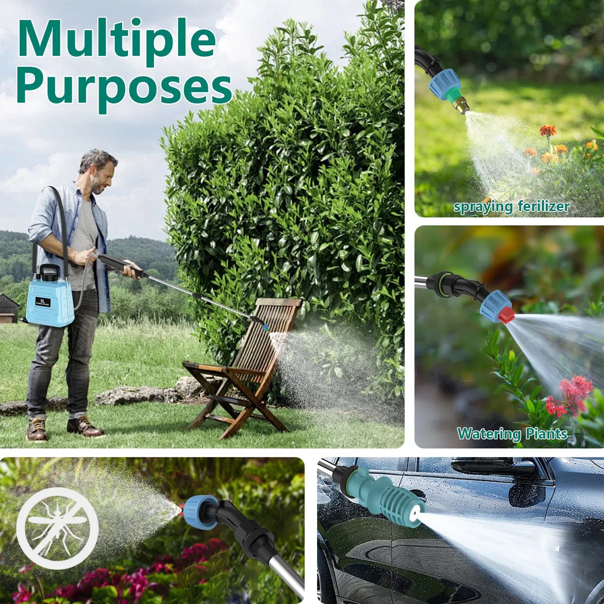 Pompa Irroratrice a Batteria 5L, Spruzzatore Elettrico da Giardino 1800mAh, 2 Modalità & Lancia Telescopica, Spruzzino Automatico per Piante, Diserbo e Prato (Blu)