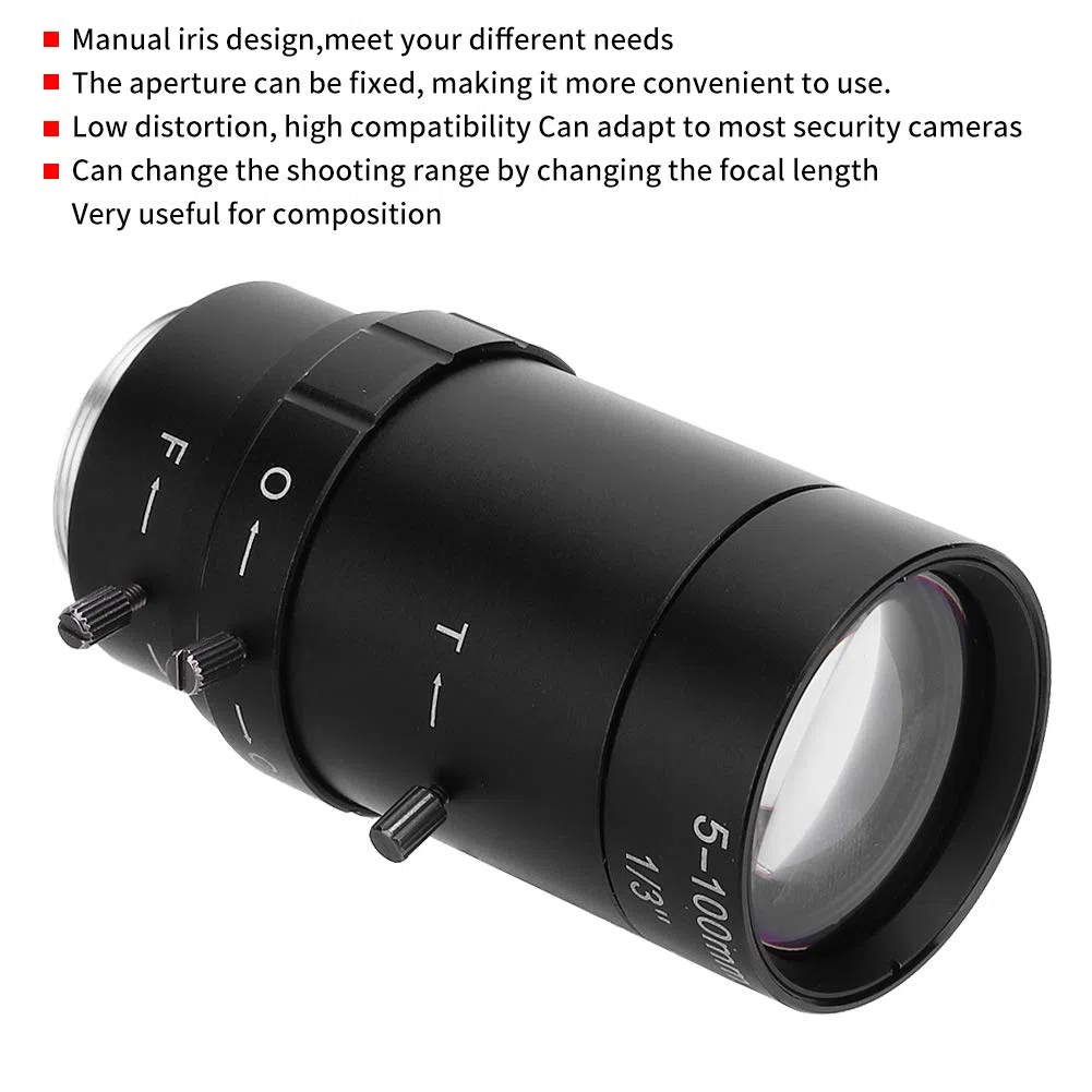 Obiettivo CCTV da 5-100 mm, obiettivo CCTV con zoom 1.3MP Attacco CS Apertura manuale Obiettivo HD in lega di alluminio per telecamera di sicurezza CCTV Bassa distorsione Alta compatibilità