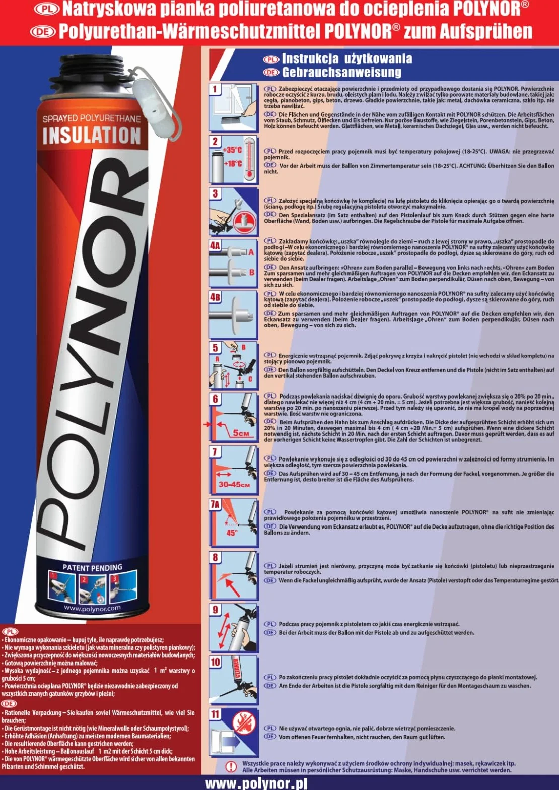 POLYNOR Isolamento termico PUR in bomboletta PRO - Set completo 29 elementi - 12 schiume - Pistola per schiuma - Isolamento termico a spruzzo - Isolamento di pareti, tetti - Aerosol 750 ml