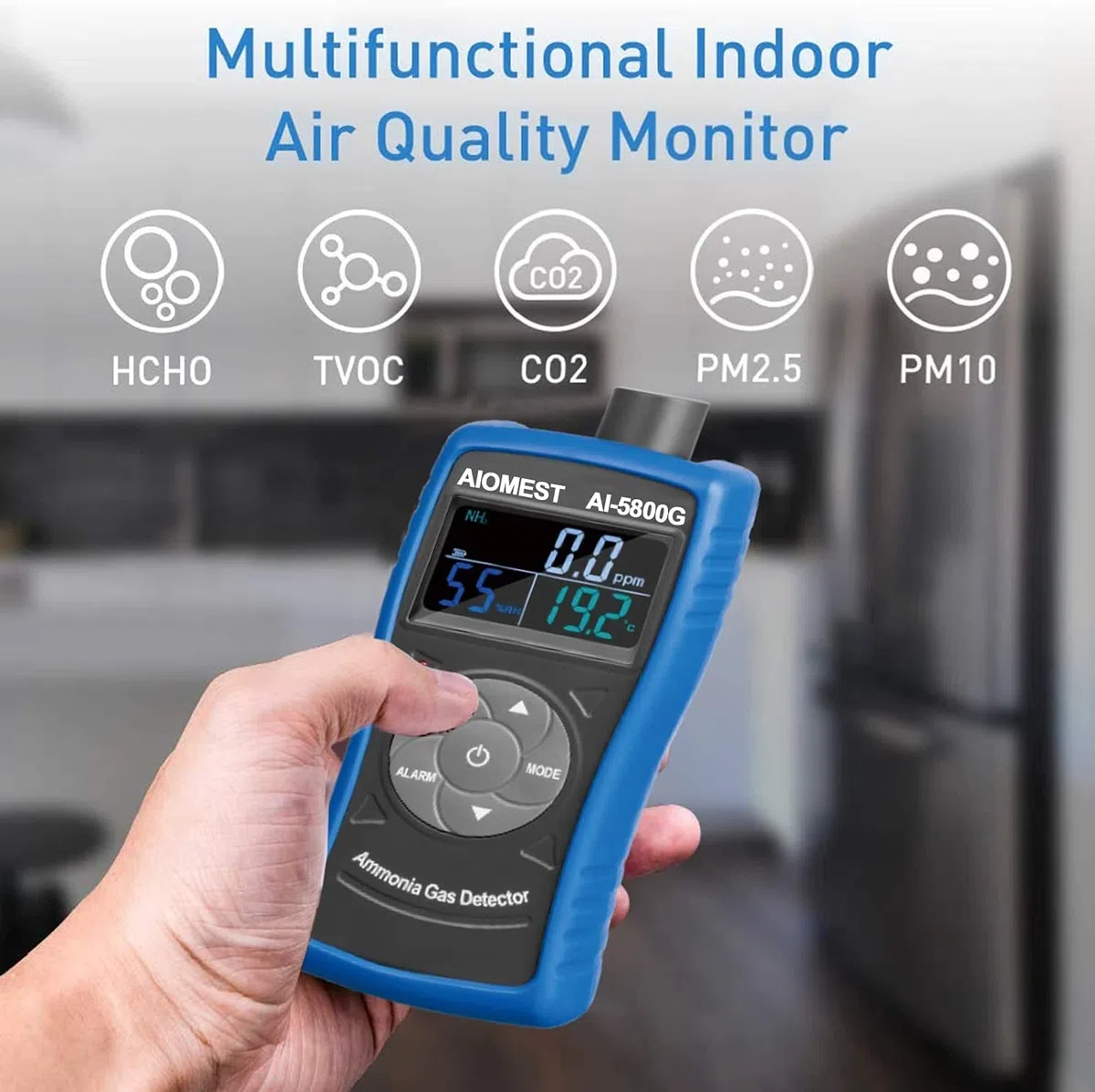 Rilevatore Gas Ammoniaca AIOMEST AI-5800G con Allarme | Misuratore 0-100 ppm Amoniaca, Umidità e Temperatura | per Pollai, Cantina e Ambienti Industriali