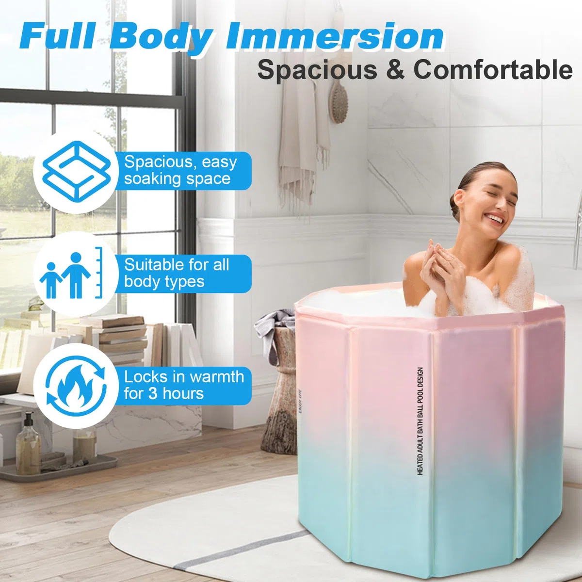 Vasca da Bagno Pieghevole Portatile per Adulti, Vasca Ghiaccio Crioterapia, Vasca da Bagno Indipendente per Docce Calde e Fredde, Include Cuscino, Tubo di Scarico, 70*65CM, Rosa Verde