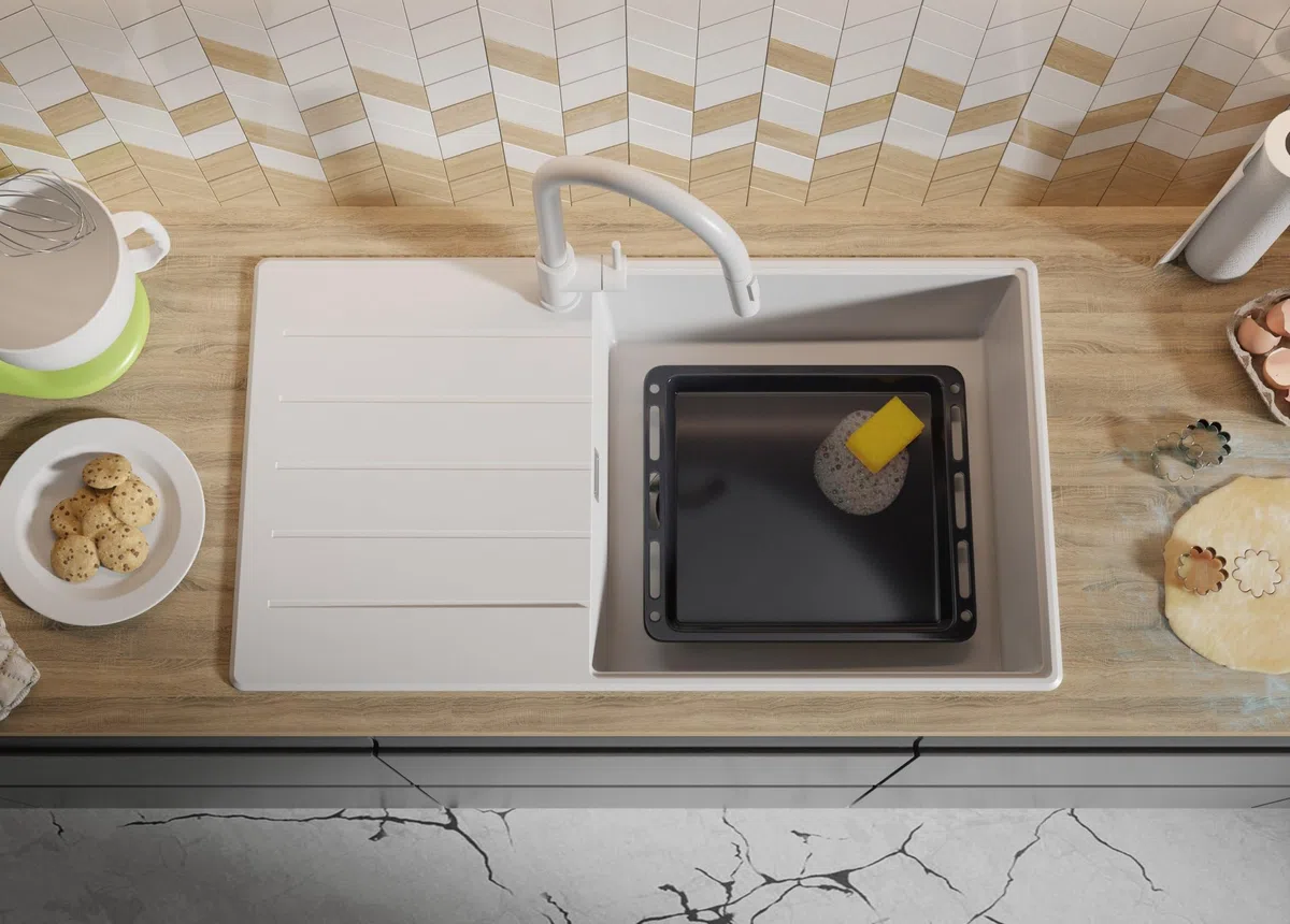 PRIMAGRAN Lavandino da Cucina Tutto Bianco 90x50cm, Lavello in Granito a 1 vasca + Rubinetto 40x20cm + Set di accessori, Lavabo da Cucina Incasso al Mobile 60cm - Copenhagen Top S680