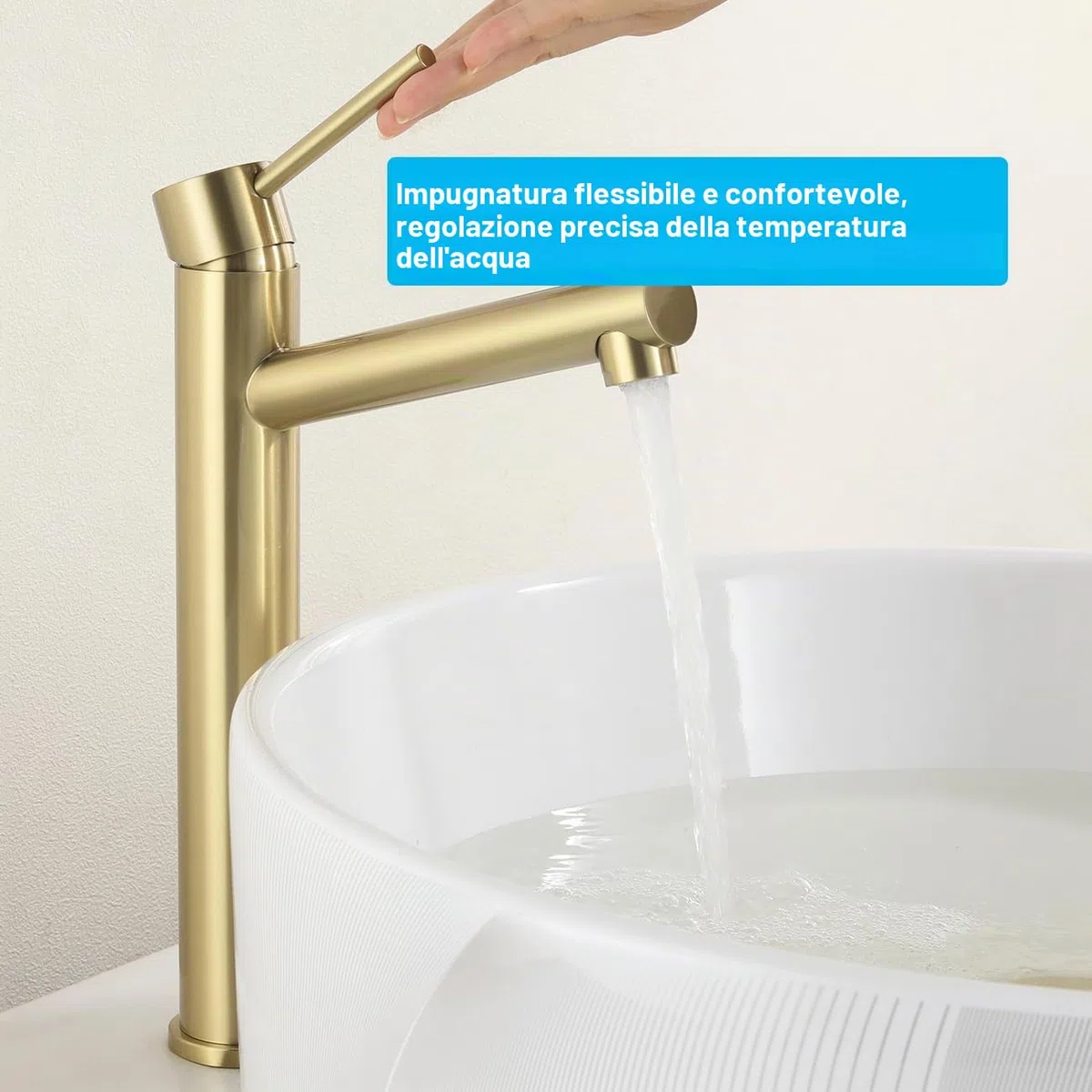Rubinetto Lavabo Alto Oro, Angolo di Uscita Dell'acqua Umanizzato, Miscelatore Monocomando da Appoggio per Bagno, Acciaio Inox 304, Acqua Calda e Fredda, Aeratore Rimovibile