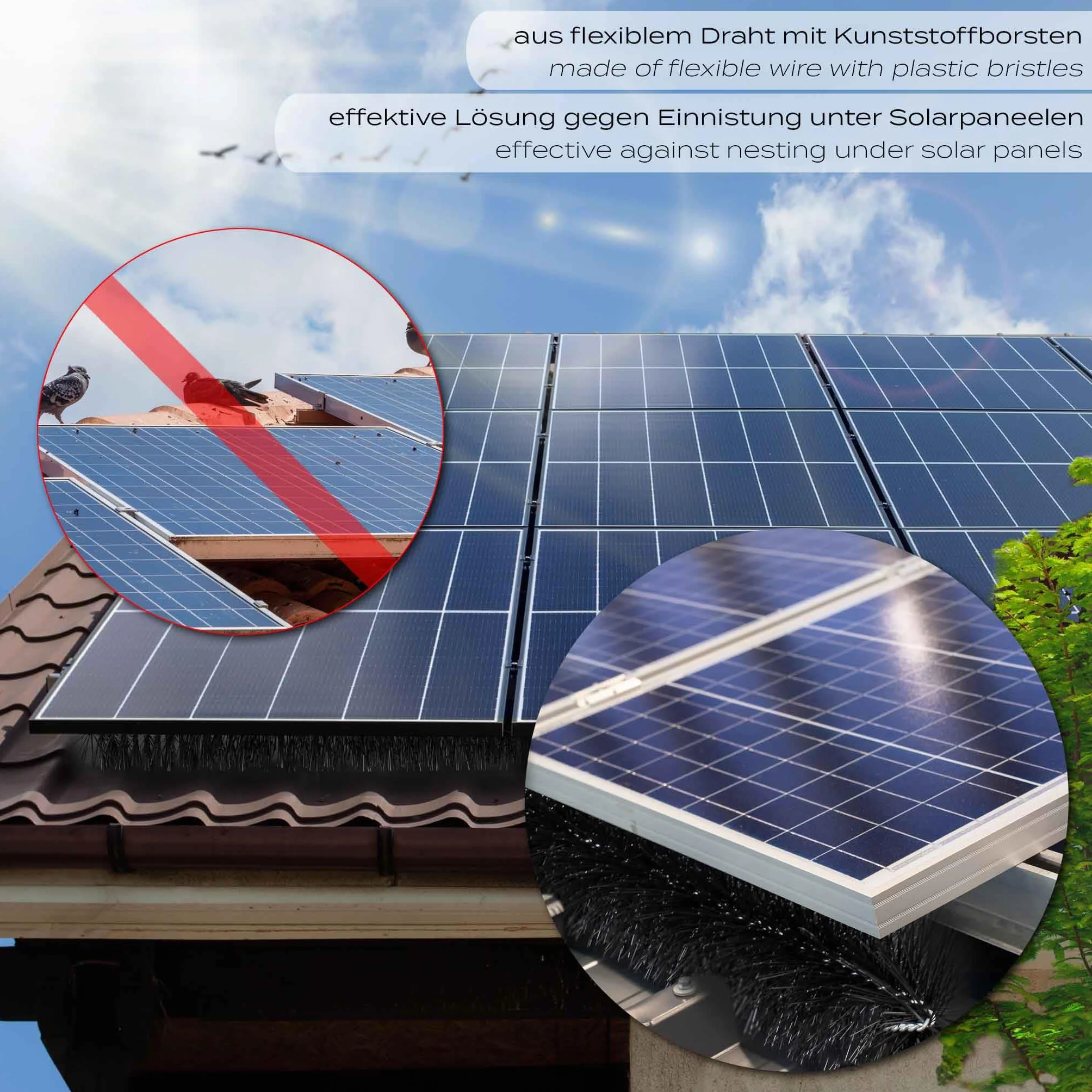Wiltec Spazzola per grondaie e Barriera anti piccioni 20 scovoli 24 m Ø 8cm per pannelli fotovoltaici