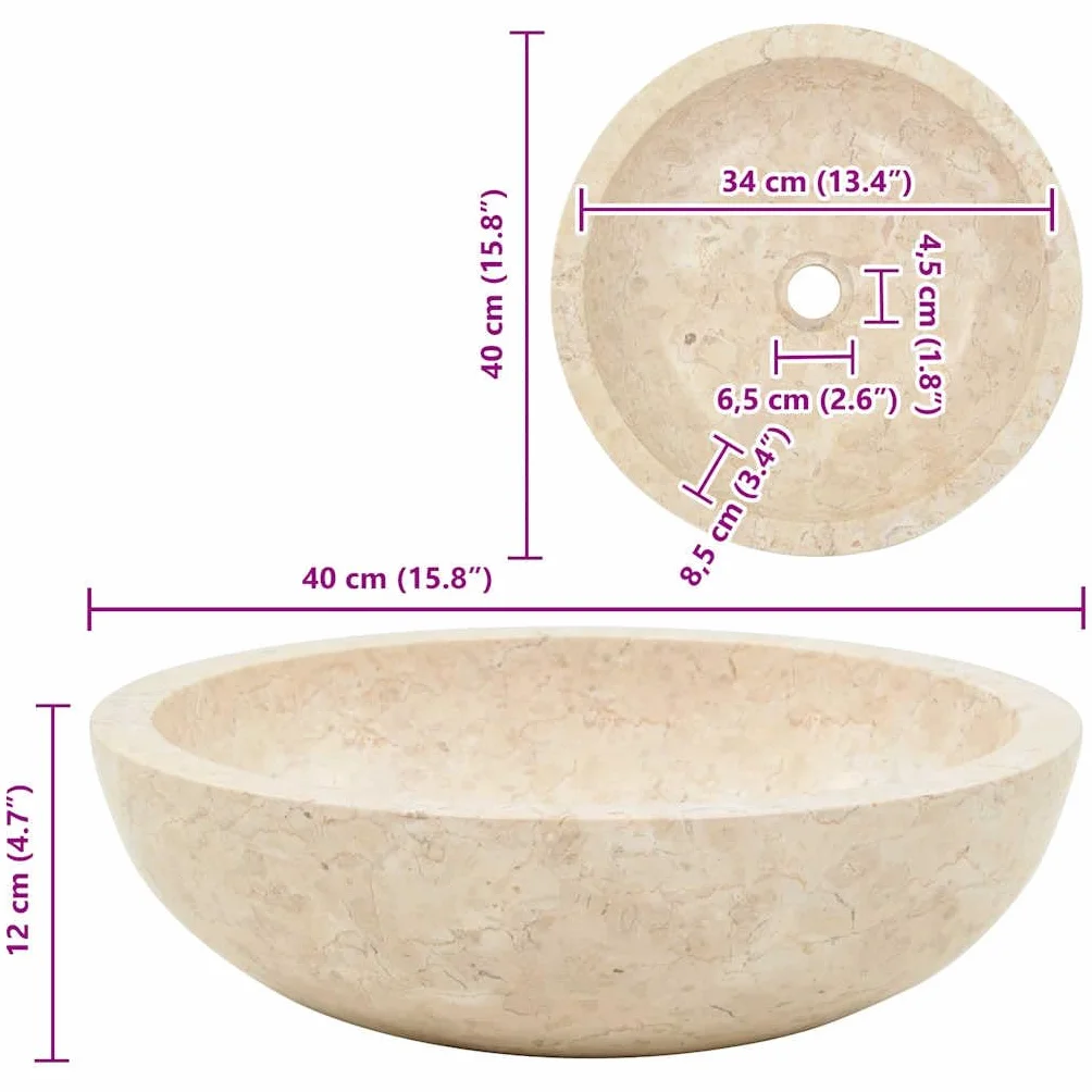 vidaXL Lavandino con Foro di Scarico Rotondo Classico Elegante Lavello Lavabo Arredo Bagno Sanitari 40x12 cm in Marmo Crema Naturale