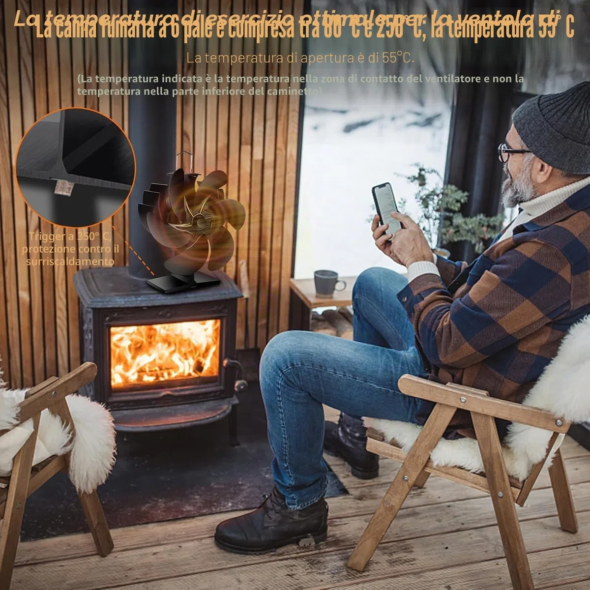 Ventilatore per Stufa a Legna: 7 Pale Ventola da Stufa Legna,Ventilatore Stufa con Termometro, Ecologico Calore Ventola Senza Elettricità Alimentato,Silenzioso Stufa a Pellet